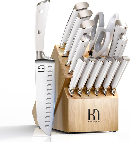 Knife Set Premium, Japanese 15 Pcs High Carbon Stainless Steel Kitchen Knife Block Set with Sharpener, Razor Sharp Knives Set for Kitchen with Natural Wood Block, Long-Lasting Edge