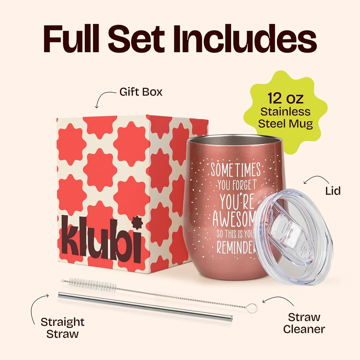 KLUBI Birthday Gifts for Women - Sometimes You Forget You're Awesome 12oz Funny Wine Tumbler With Lid and Straw Self Care Gift for Women Farewell Gifts for Coworkers College Care Package for Girls