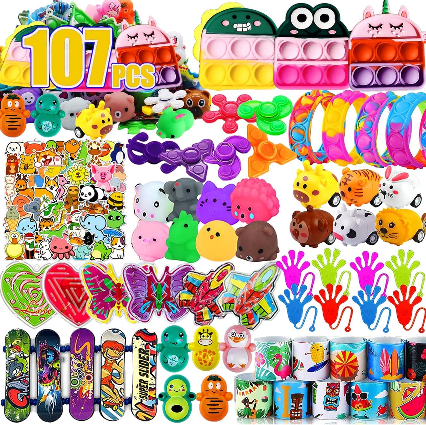 107 PCS Party Favors Toys, Treasure Box Toys for Classroom, Pop Fidget Toys Treasure Chest for Kids Prizes Classroom, Bulk Pinata Stuffers Goodie Bag Fillers for Kids 4-8