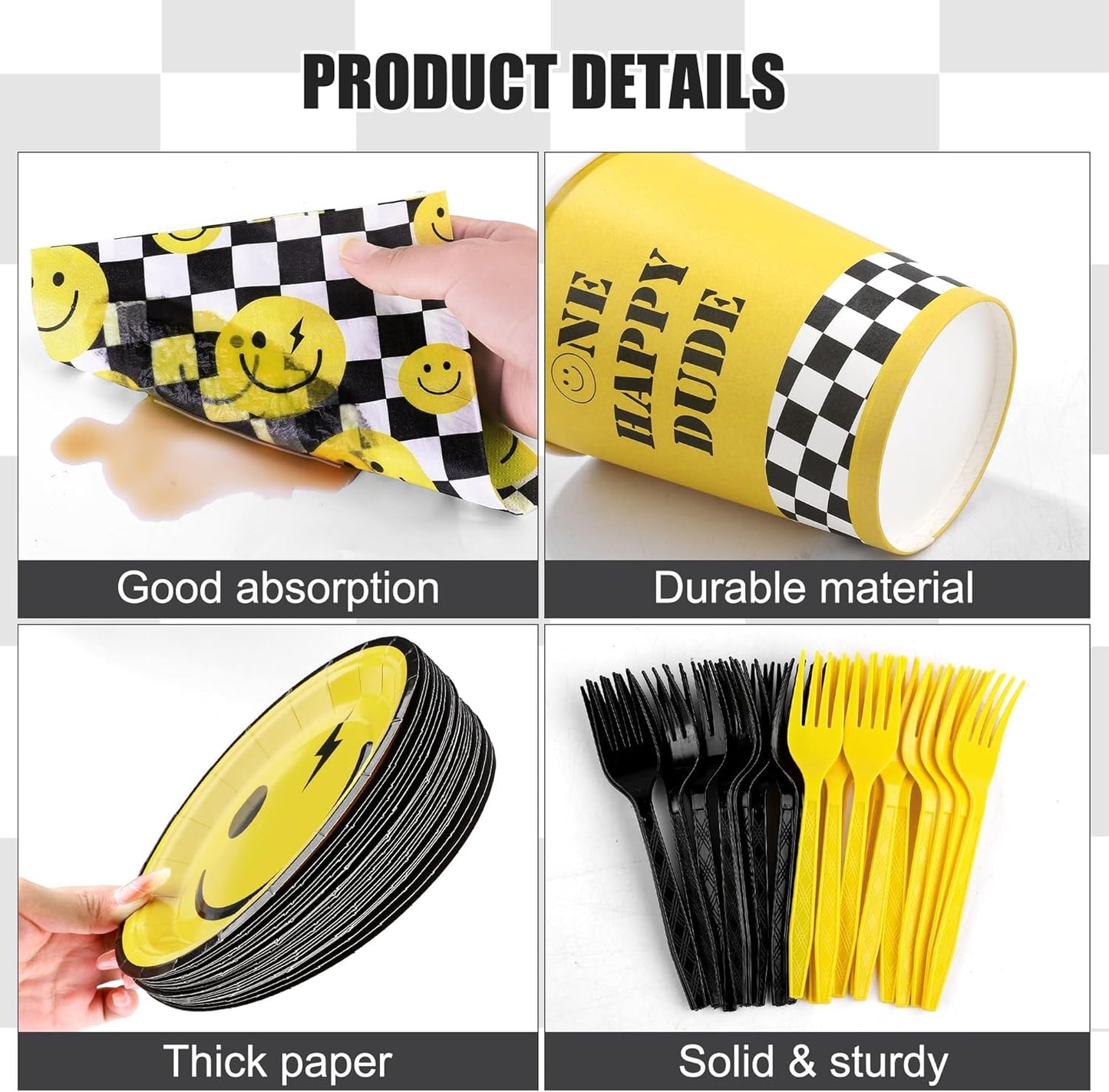 144 Pieces One Happy Dude Party Tableware Sets including Disposable Plates Napkins Cups Forks Serves 24 for Smiley Face 1st Birthday Preppy Party Decorations