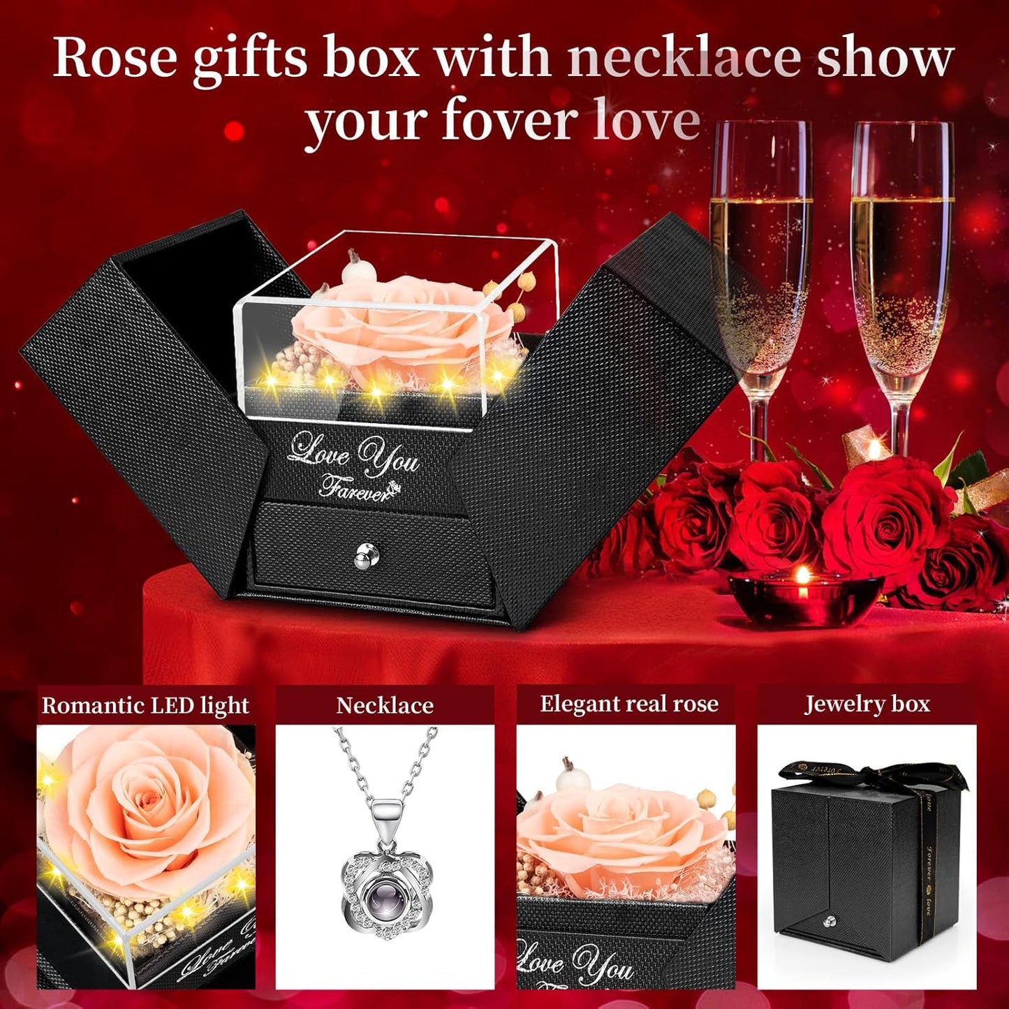 Preserved Red Champagne Real Rose with Heart I Love You Necklace -Eternal Flowers Rose Birthday Gifts for Women Her Mom Wife Girlfriend Grandma on Valentines Mothers Day Christmas Anniversary