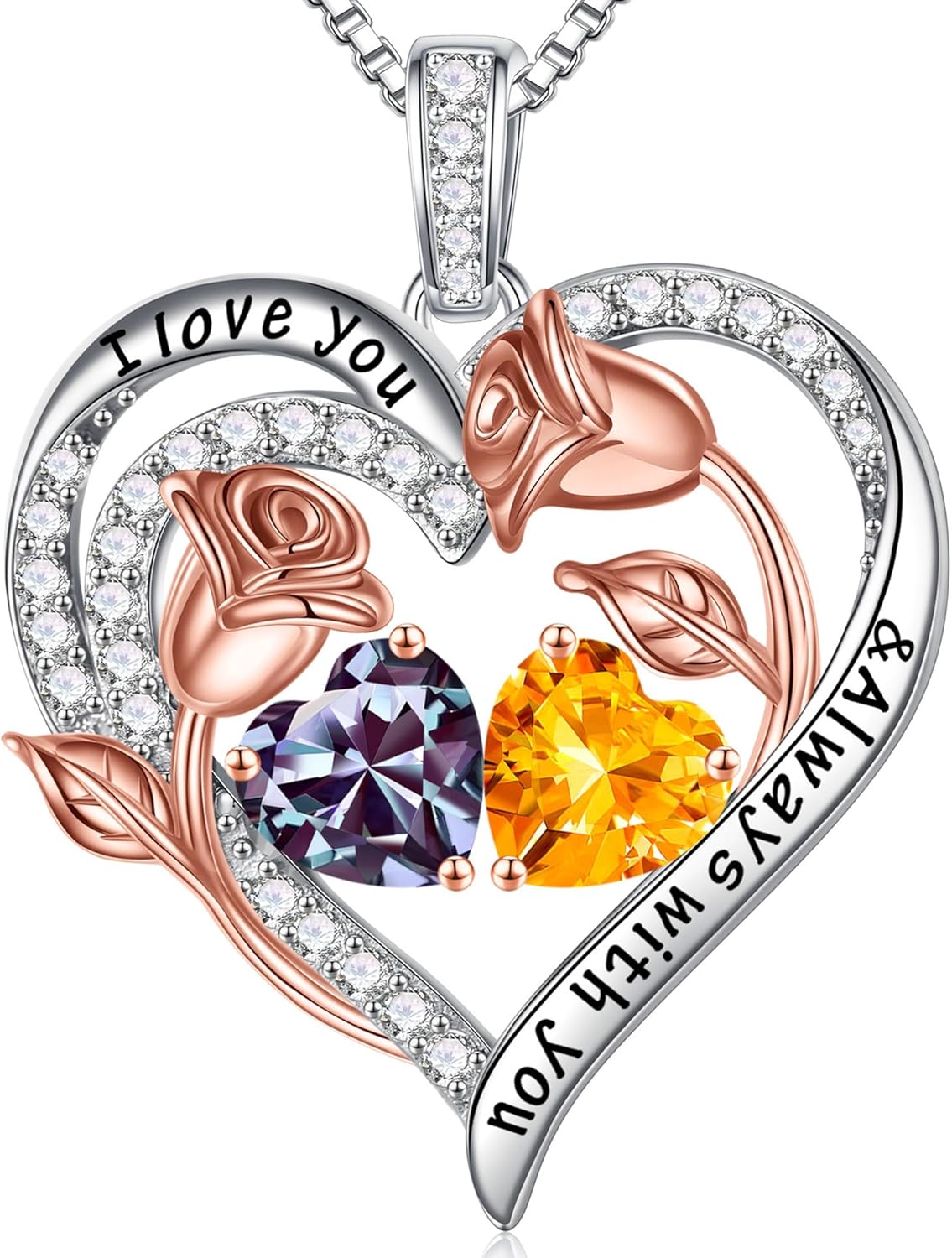 Iefil Birthstone Necklace for Women - 925 Sterling Silver Rose Heart Birthstone Necklace Birthday Anniversary Jewelry Gifts for Her Wife Mom Daughter