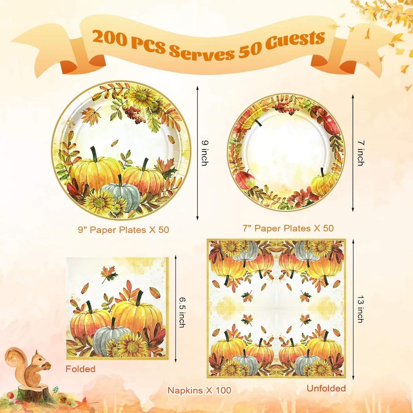 Homlouue 200 PCS Fall Paper Plates and Napkins, Thanksgiving Paper Plates and Napkins Sets, Pumpkin Plate for Fall Dinner Autumn Harvest Party Supplies, Thanksgiving Dessert Plate for Home Decorations