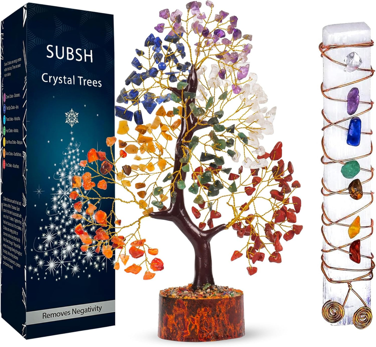 Crystal Tree of Life with Selenite Chakra Wand Stick, 7 Chakra Healing Crystal Trees, Office Desk Decor, Room Decor, Bonsai Trees for Positive Energy, Money, Good Luck Birthday Gifts for Women 10-12"