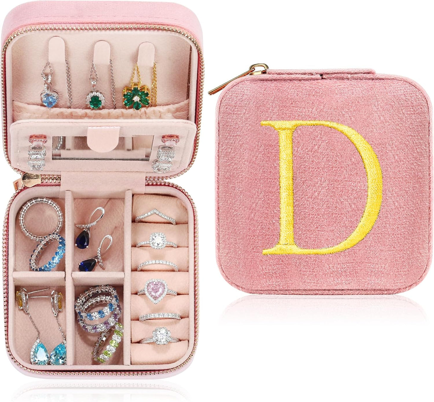 Parima Plush Velvet Daughter Gifts from Mom - Personalized Small Travel Jewelry Box Jewelry Case Organizer Teenage Year Old Girl Gifts for Daughter Birthday Daughter in Law Niece - Letter D, Pink