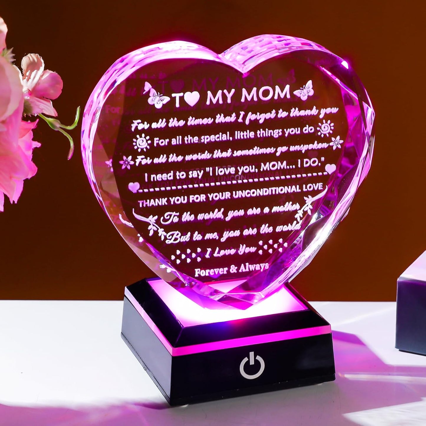 YWHL Gifts for Mom from Daughter Son, Birthday Gifts for Mom Who has Everything, To My Mom Gifts for Mother's Day Crystal Heart Keepsake with LED Base, Present for Mother on Christmas Valentine