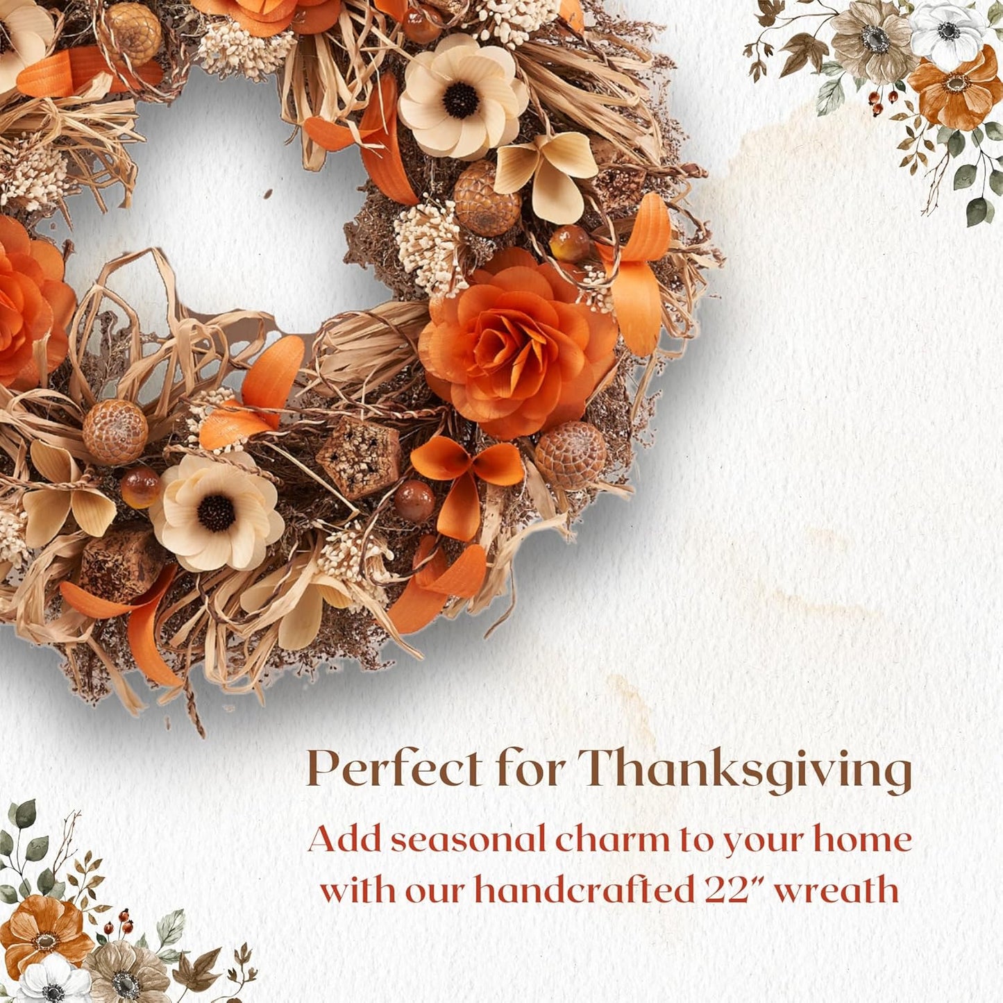 22" Fall Harvest Wood Curl Floral Wreath - Premium Handcraft Fall Wreaths for Front Door | Perfect for Autumn & Thanksgiving Decor
