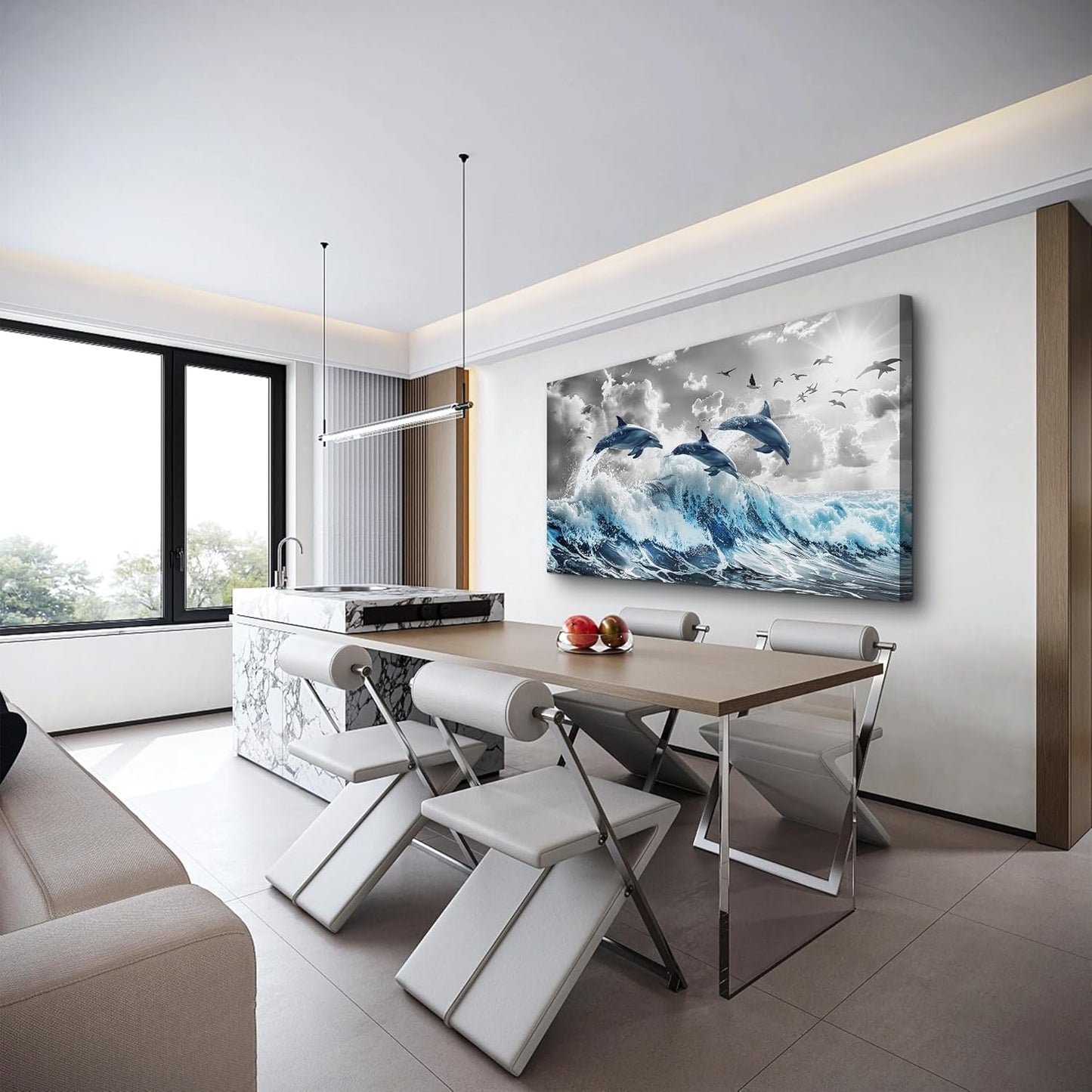 Wapluam Framed Canvas Wall Decoration For Living Room Large Wall Art For Bedroom Blue Waves Of The Sea Wall Pictures Artwork Fashion Office Canvas Art Prints Dolphins Seascape Paintings Home Decor