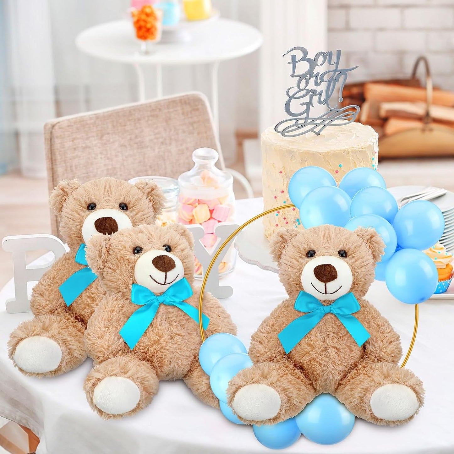 6 Sets Bear Baby Shower Table Centerpieces Bear Stuffed Animals 12 Inch Metal Floral Hoop with Stand Balloon for Wedding Baby Shower Birthday Flowers Table Decorations(Blue)