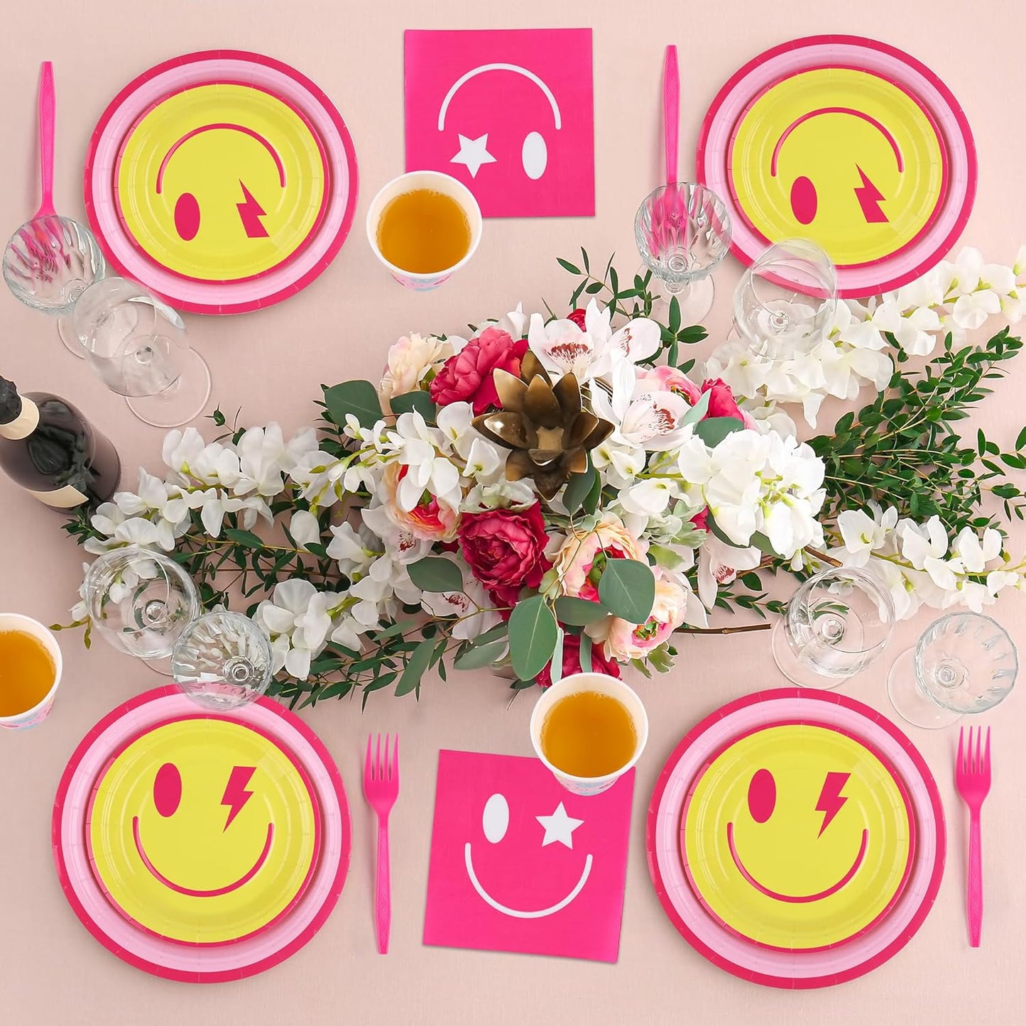 144 Pieces Preppy Smile Party Tableware Sets Including Disposable Plates Napkins Cups Forks Serves 24 for Smile Face Party Birthday Baby Shower Decor Party Supplies