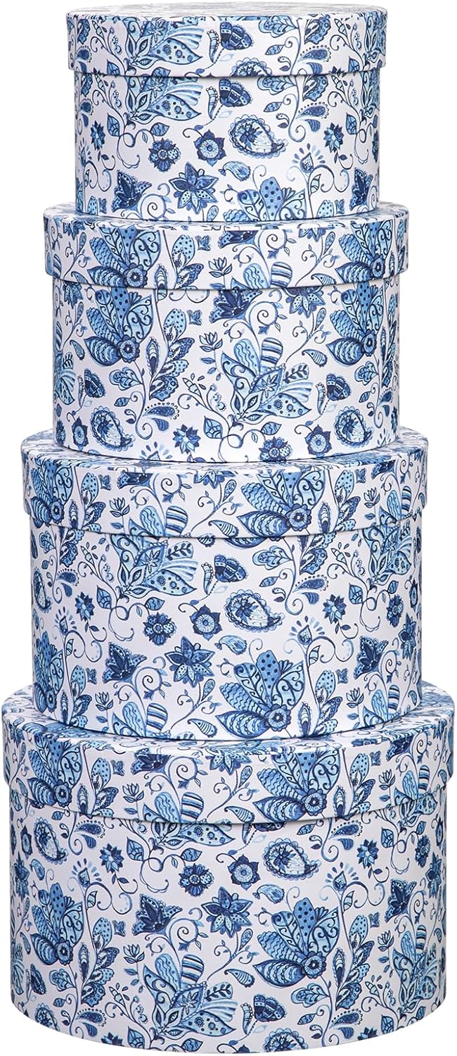 Round Gift Boxes with Lids 4PCS Blue Flower Print Gift Box for Presents Nesting Assorted Sizes Present Boxes for Christmas Birthday Valentines Party Gift Wrap