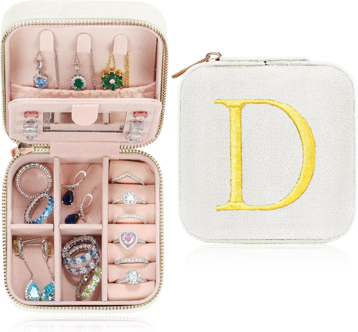 Parima Birthday Gifts for Women - Plush Velvet Travel Jewelry Case Organizer Small White Jewelry Box Travel Essentials Birthday Gifts for Women Mom Grandma Friends Her Teen Girls - Letter D, White