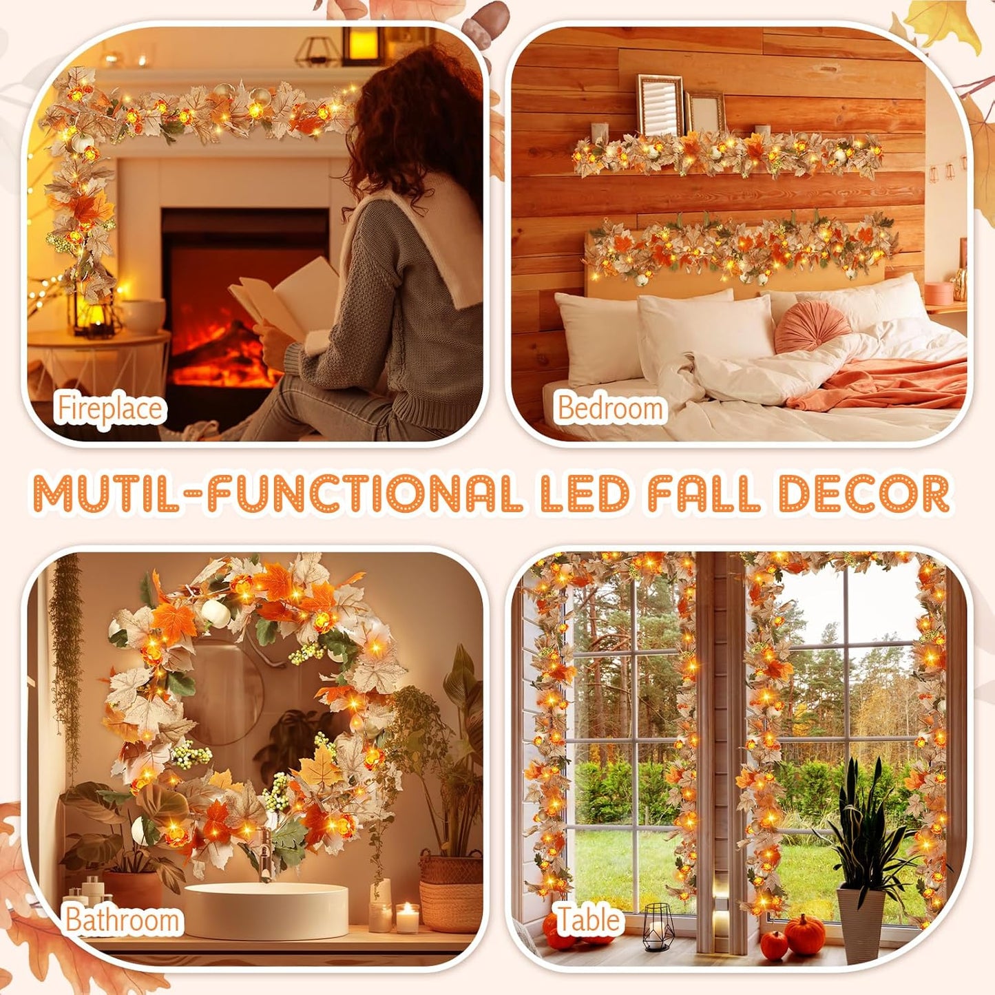 VIHOSE 2 Pack Thanksgiving Maple Leaves Garland Fall Decor 11.5 ft 40 LED with Pumpkin Lights Battery Operated and Timer Remote for Home Thanksgiving Halloween Decor(White)