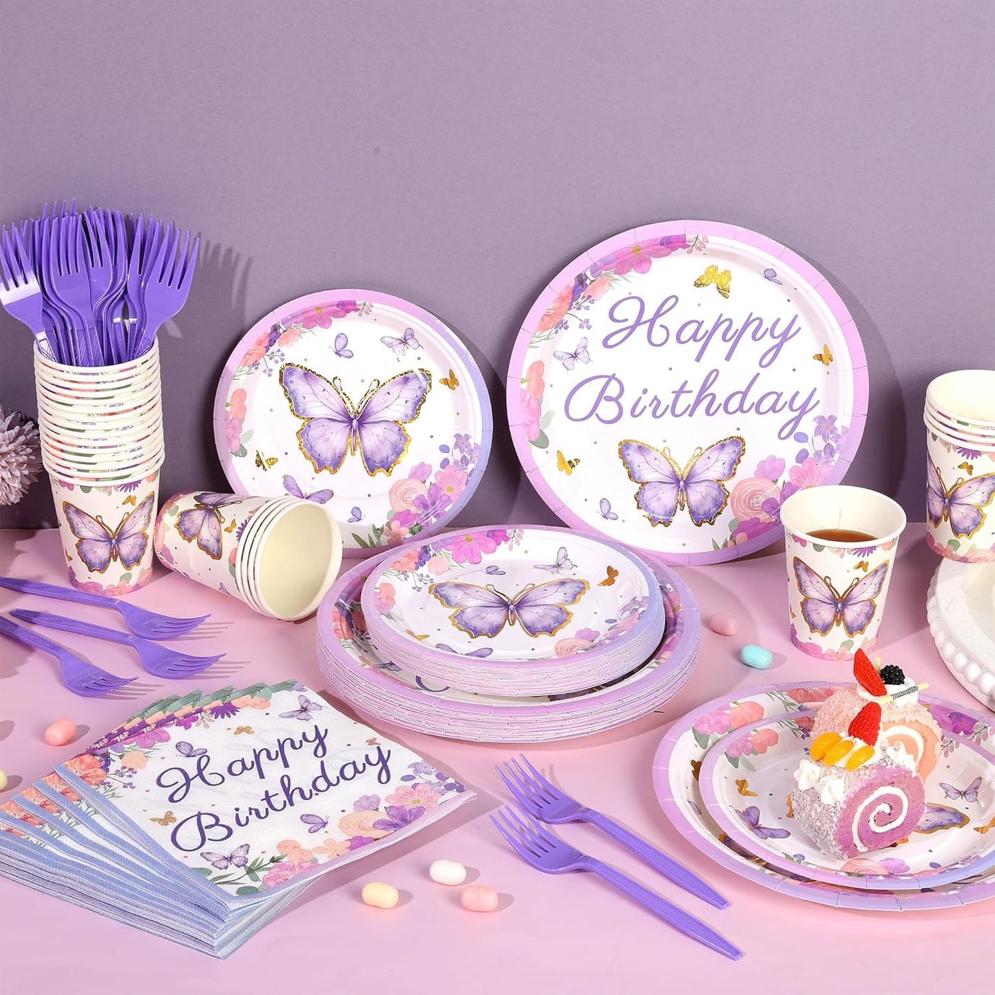 144 Pieces Butterfly Birthday Party Supplies Including Disposable Paper Plates Napkins Cups Forks Serves 24 for Baby Shower Girls Animal Butterfly-themed Party Decorations