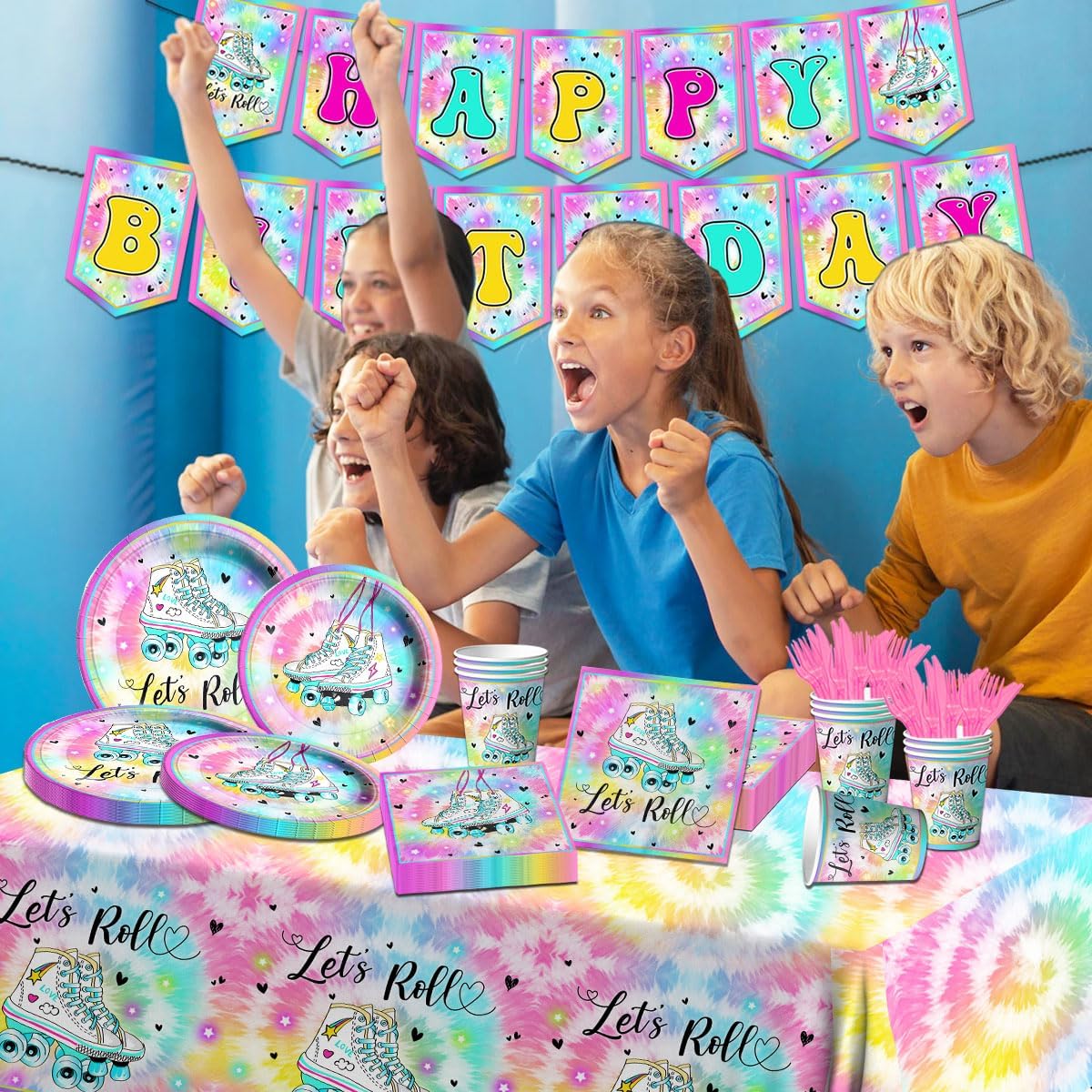 Roller Skating Party Supplies - 142Pcs Roller Skate Party Tableware Include Plates,Napkins,Cups,Banner,Tablecloth Let's Roll Birthday Decorations for Girl(20 Guests)