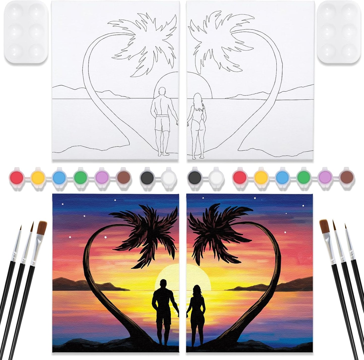 2 Pack Pre Drawn Canvas for Painting Sip and Paint Kit for Adults Kids Pre-Stretched Canvas Outline for Paint and Sip Kit for Adult's Date Night, Valentine's Day Gift 8x10 Inch