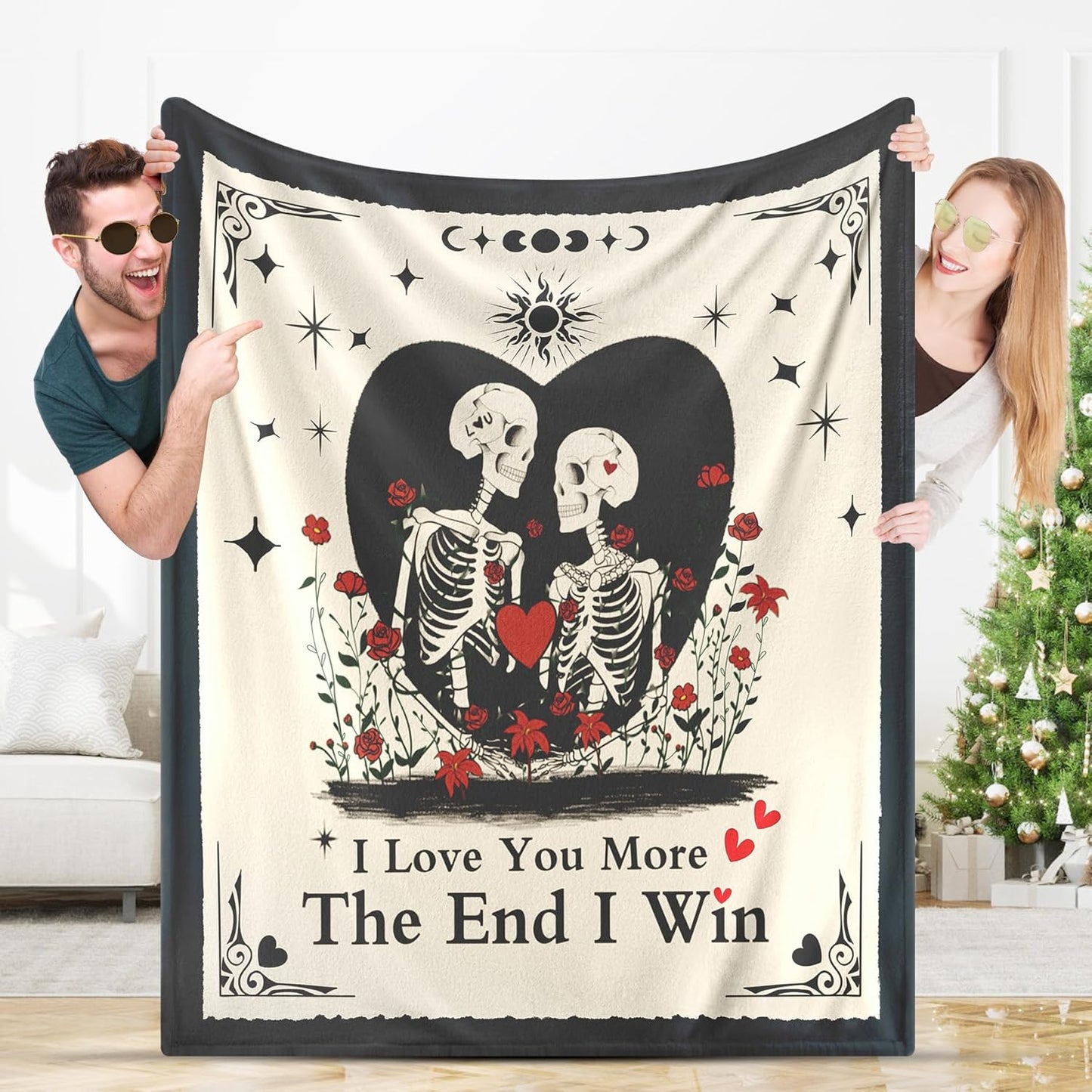 Couple Gifts Blanket for Her Him,Skull Love Throw Blanket for Boyfriend Girlfriend,I Love You More Anniversary Wedding Birthday Gift for Husband Wife 60"X50",Halloween Skeleton Decor Present