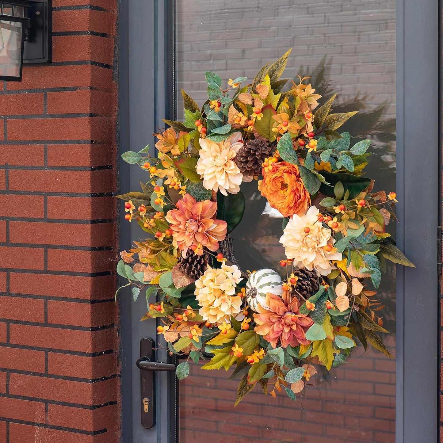 Fall Wreaths for Front Door Outside-24 Inch Autumn Wreath with Dahlia Flowers, Pumpkins, Pinecones, and Eucalyptus Leaves Large Fall Wreath for Thanksgiving, Halloween, Indoor Outdoor Door