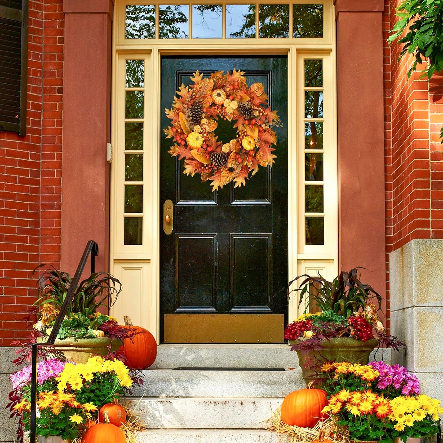 24" Fall Wreath for Front Door - Artificial Autumn Wreath with Maple Leaves, Pine Cones, Pumpkins & Berries - Thanksgiving & Halloween Decor for Indoor/Outdoor Use