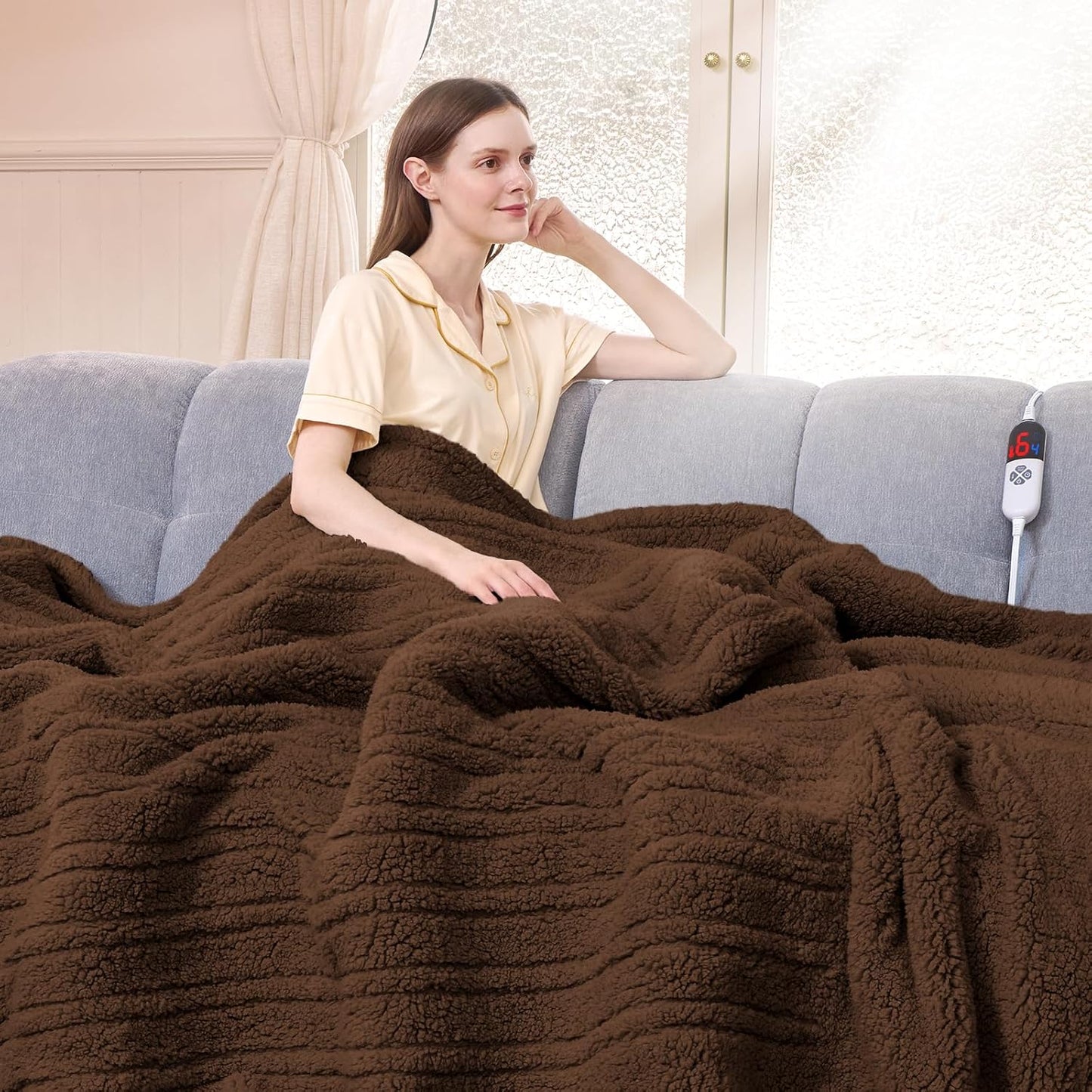Heated Blanket Full Size 72"X84" Brown - Soft Double Sided Sherpa Electric Blanket Full Size with LED Display, 6 Heating Levels & 10 hrs Timer, Machine Washable & Fast Heating, Gift for Women