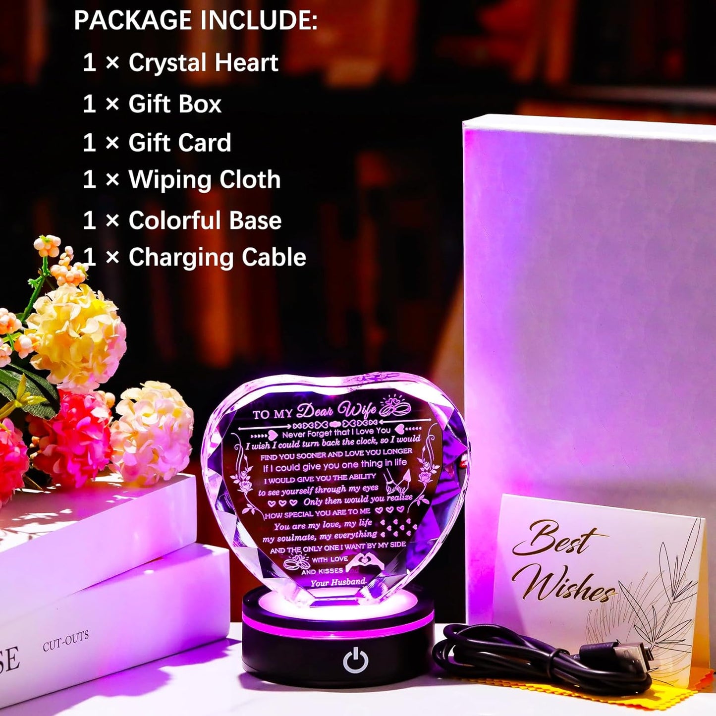 Gifts for Wife with Colorful LED Base Romantic Wife Anniversary Birthday Gift Ideas Crystal Heart to My Wife Gifts from Husband on Valentine's Day Christmas Mother's Day