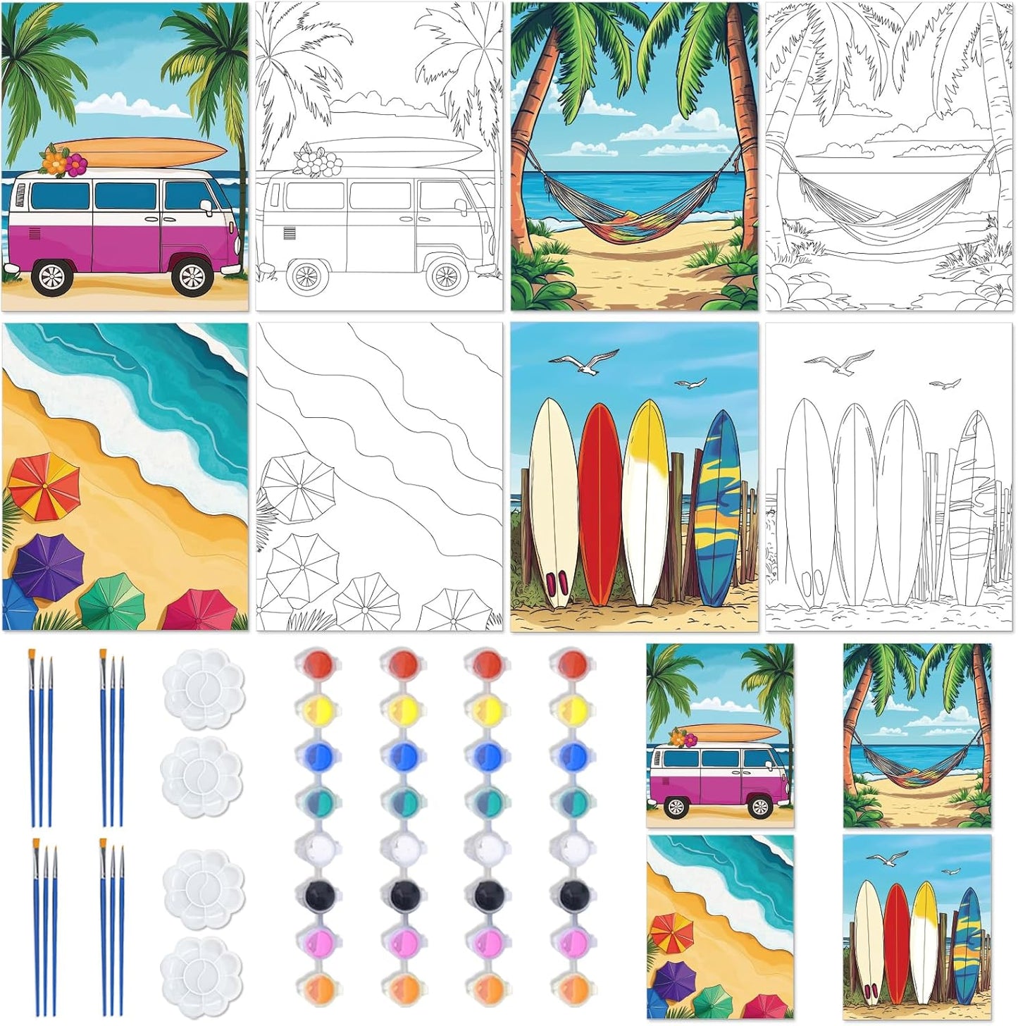 4 PCS Pre Drawn Canvas to Paint for Adults Summer Holiday Sip and Paint Kit Party Supplies Favor Couples Painting Kit Beach Date Night Canvas Painting Kit for Painting 8 x 10 Inch