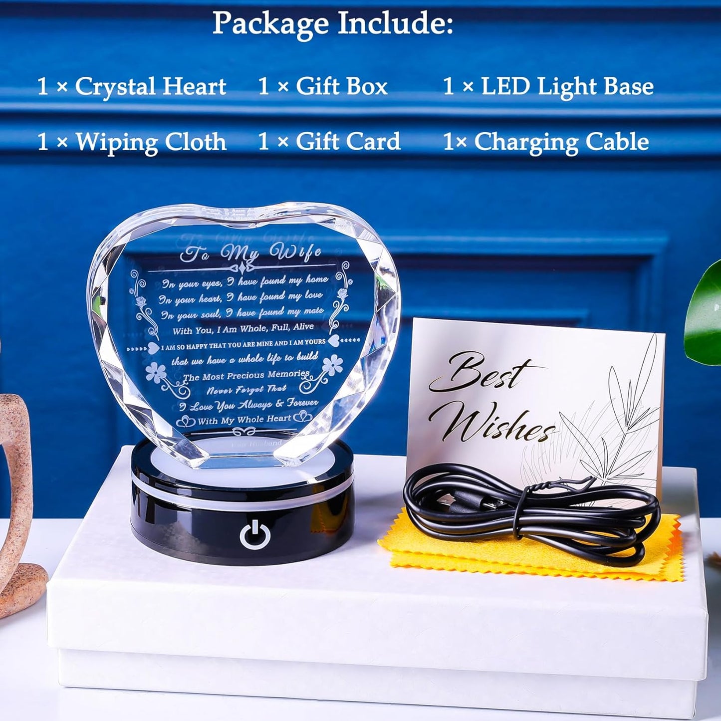 Wife Gifts with Colorful LED Base, Anniversary Birthday Gift Ideas for Wife, Romantic to My Wife Heart Crystal Gifts for Wife from Husband on Valentine's Day Christmas Mother's Day, Clear