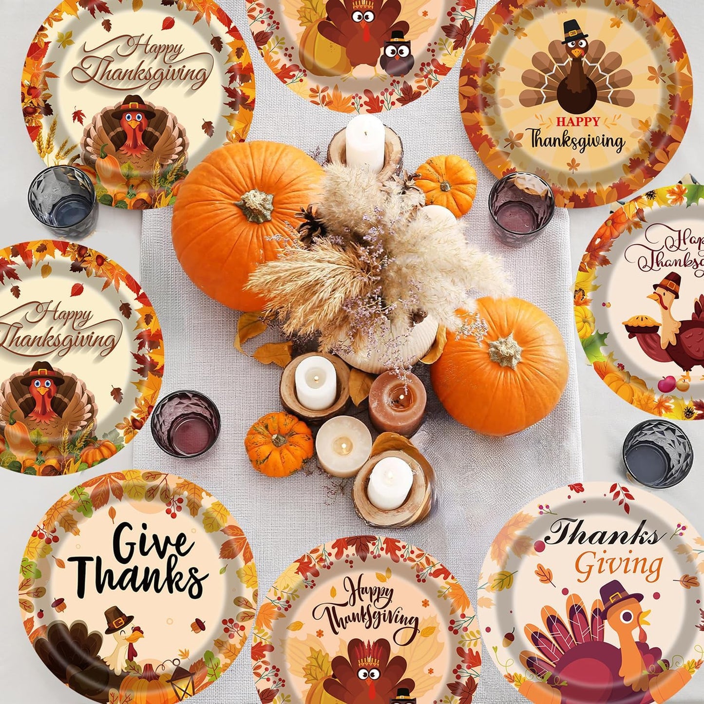 Thanksgiving Turkey Plates 60Pcs 9 Inch Fall Paper Plates With Autumn Maple Leaves Pumpkins for Turkey Party Decoration Supplies