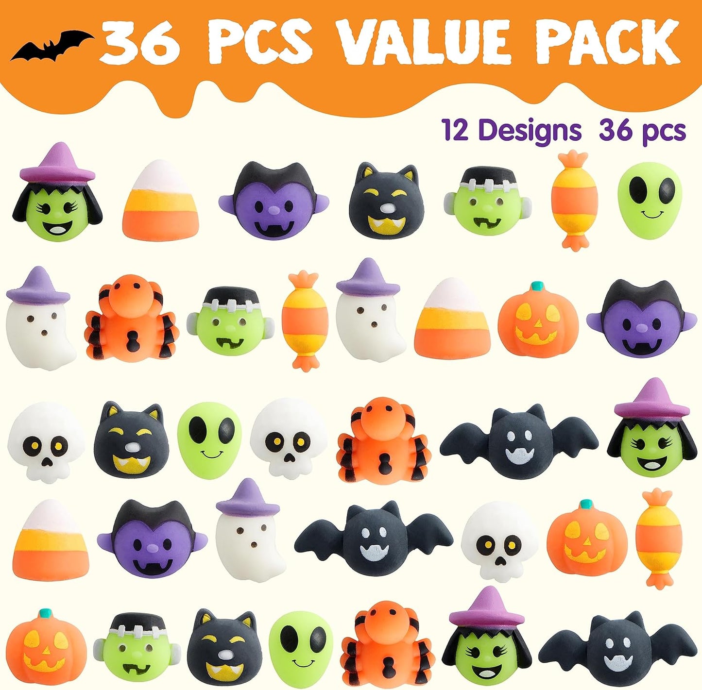 JOYIN 36 Pcs Halloween Mochi Squishy Toy in Blind Bags with 12 Characters for Stress Relief, Halloween Mystery Toy Surprise Bag for Kids Trick or Treating, Party Favors Supplies, Goodie Fillers
