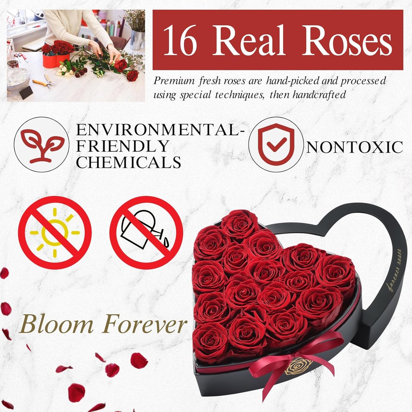 16 Forever Flowers in Heart Shaped Box - Preserved Roses Romantic Gifts for Her, Valentine’s Day, Anniversary, Wedding (Wine)