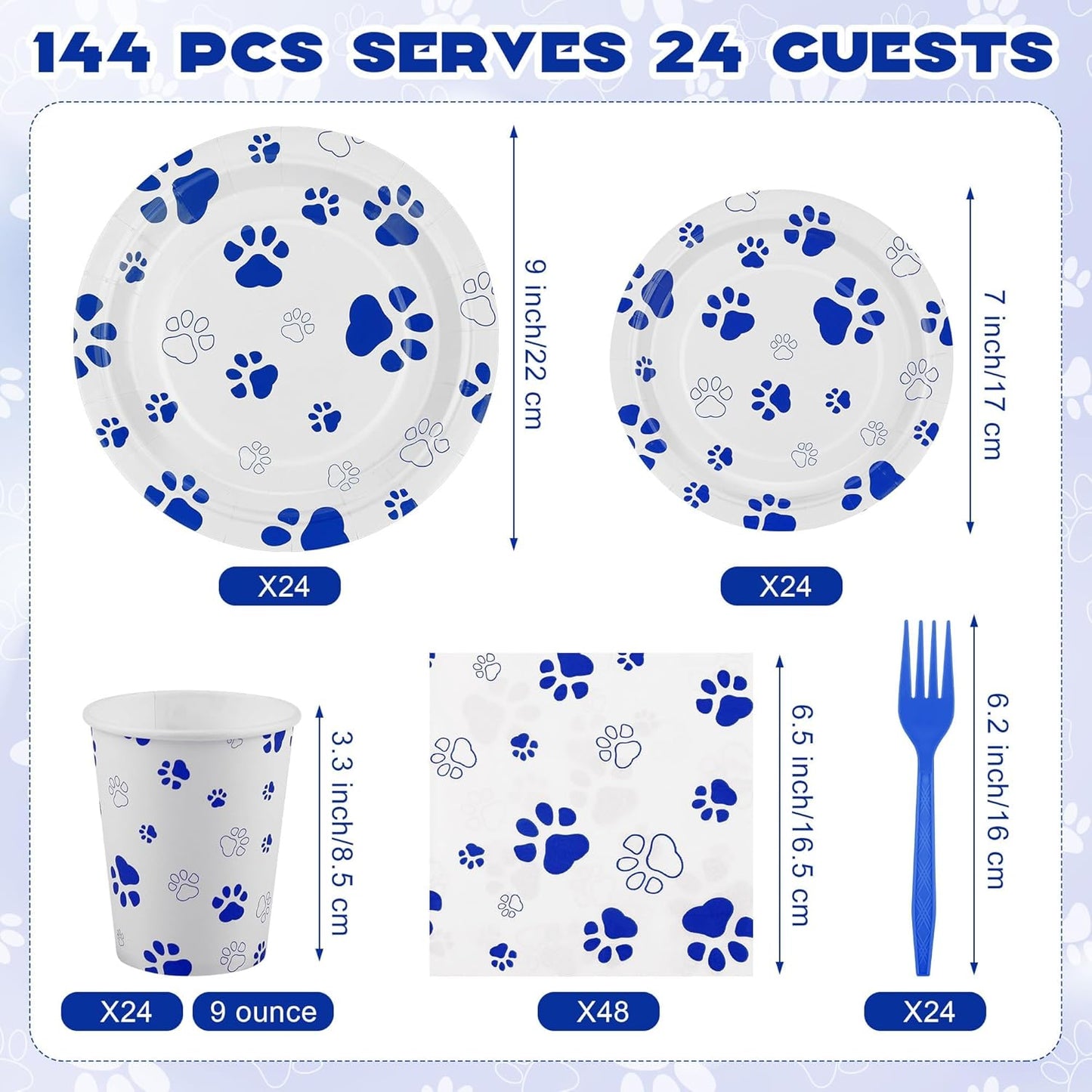 144 Pieces Blue Paw Print Party Tableware Sets Including Disposable Plates Napkins Cups Forks Serves 24 for Dog Puppy Theme Party Supplies