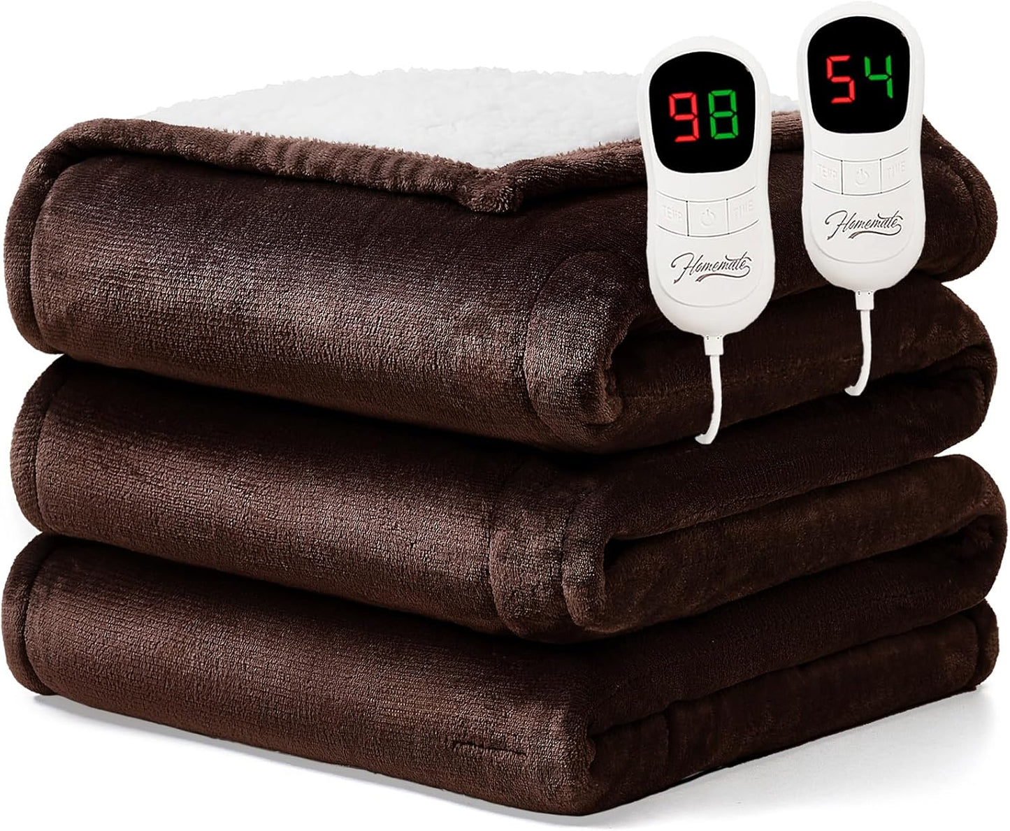 Homemate Electric Heated Blanket Queen Size - 84"x90" Heating Blanket Queen Size Dual Control 1/2/4/6/8 Hours Auto-Off 10 Heat Level Over-Heat Protection Flannel Sherpa ETL Certification