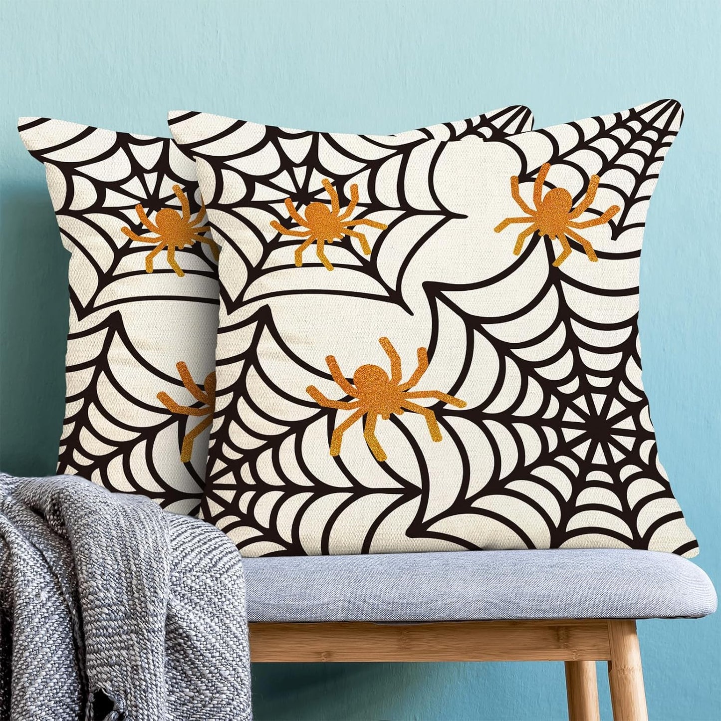 Spider Web Throw Pillow Covers 18x18 inch Set of 2 Halloween Decorative Farmhouse Pillow Covers Outdoor Spider Decor Cushion Case for Home Office Halloween Sofa Bed Decoration