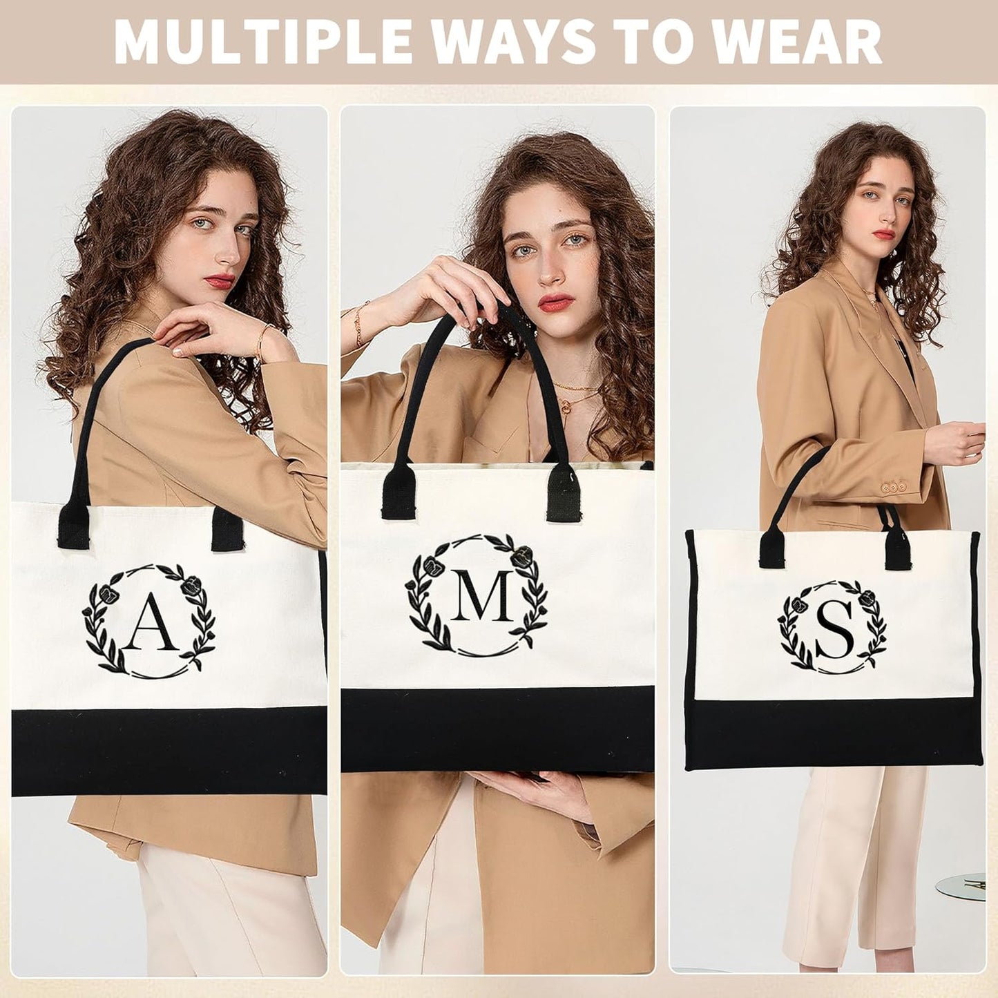 YOOLIFE Gifts for Women - Initial Canvas Tote Bag Makeup Bag, Personalized Gifts for Women Mom Wife Teacher Friend Birthday