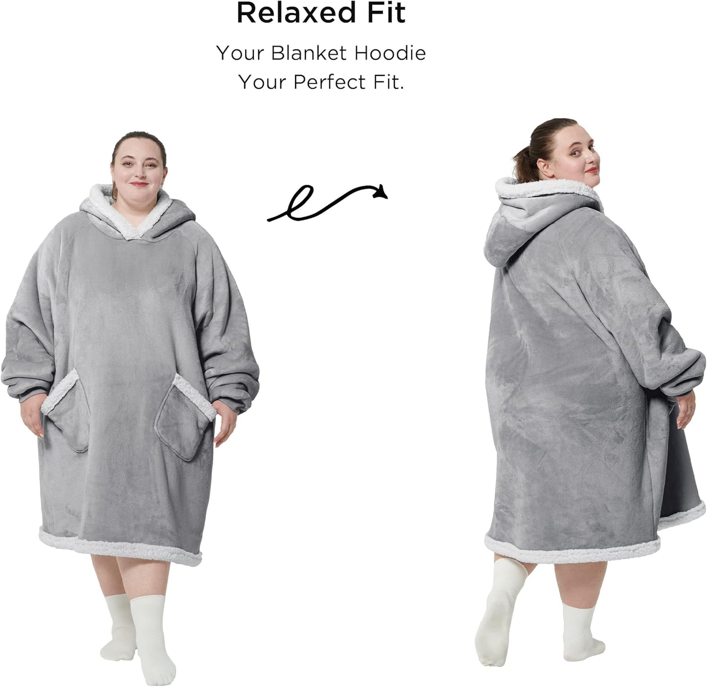 Bedsure Blanket Hoodie, Wearable Blanket for Adults & Kids as Gifts for Women Men, Birthday Gifts for Women Mom Girl Sherpa Oversized Hoodie, Grey, Oversize