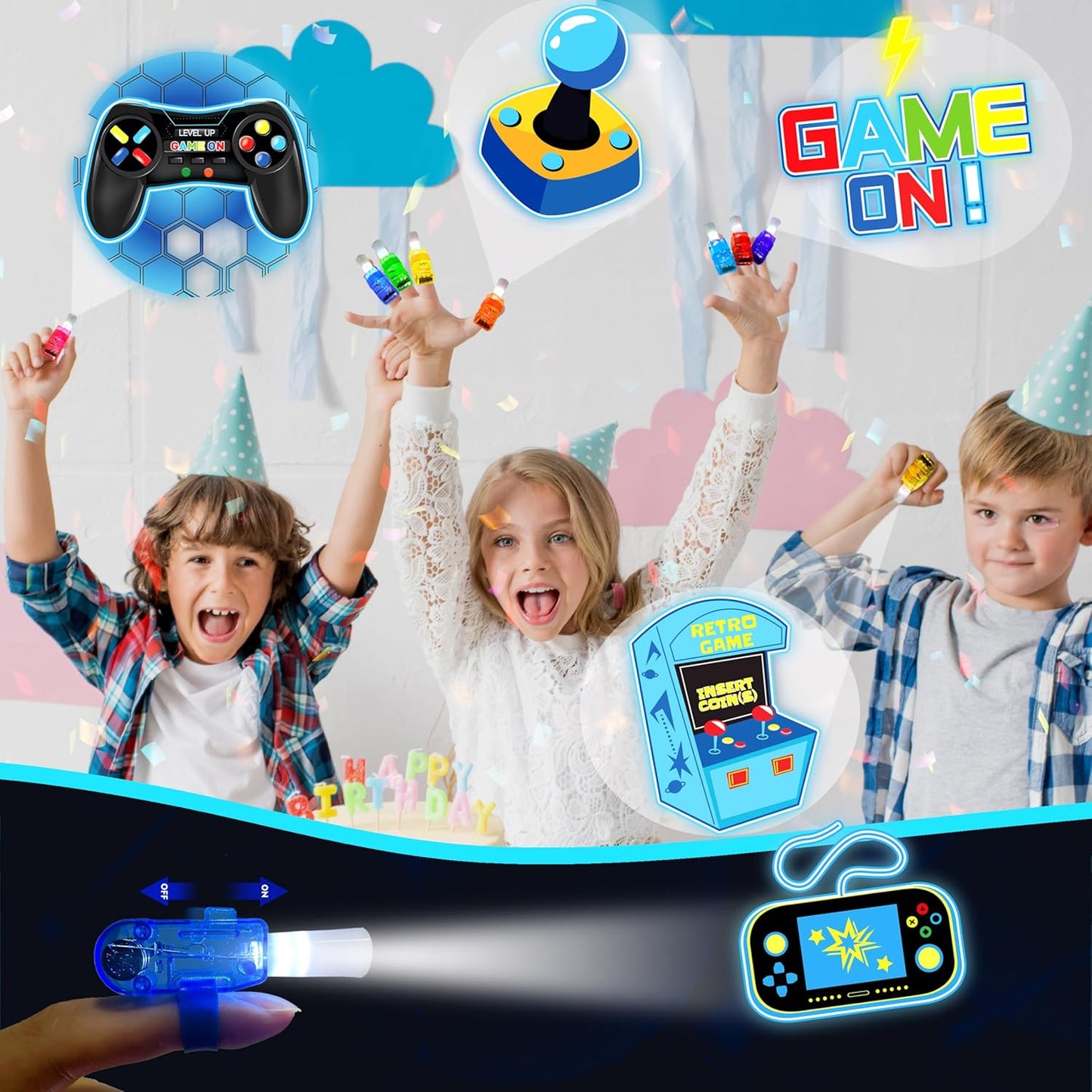 24PCS Video Game Party Favors-LED Finger Lights:Glow-in-the-Dark Light-Up Toys Bulk for Kids,Gamer Birthday Party Decorations Supplies, Party Goodie Bags Stuffers, Classroom Prizes, Fun Gifts