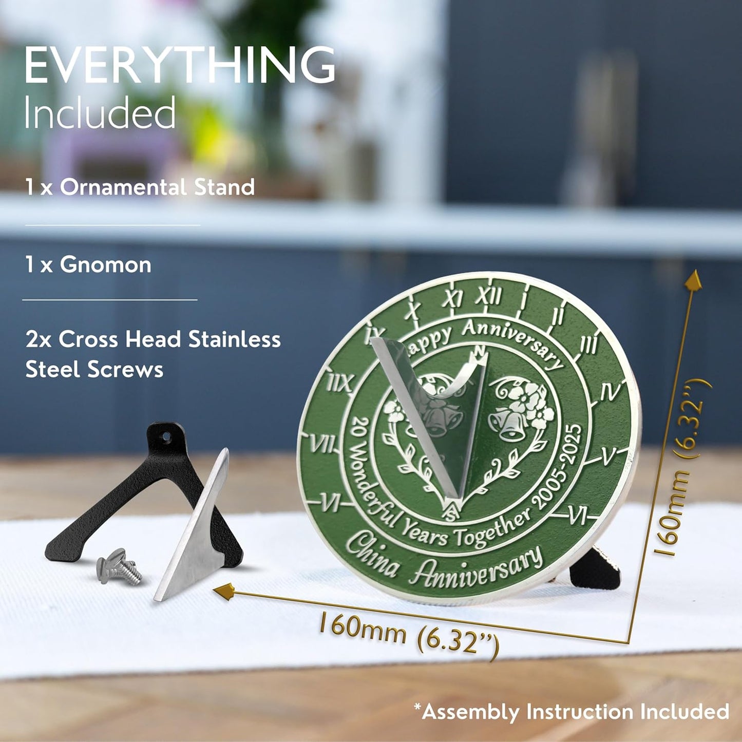 The Metal Foundry Personalized China 20th Sundial - Heavy Duty Recycled Brass Home Decor, Garden Present Made in The UK for Parents, Grandparents, Friends, Couples 20 Years Marriage