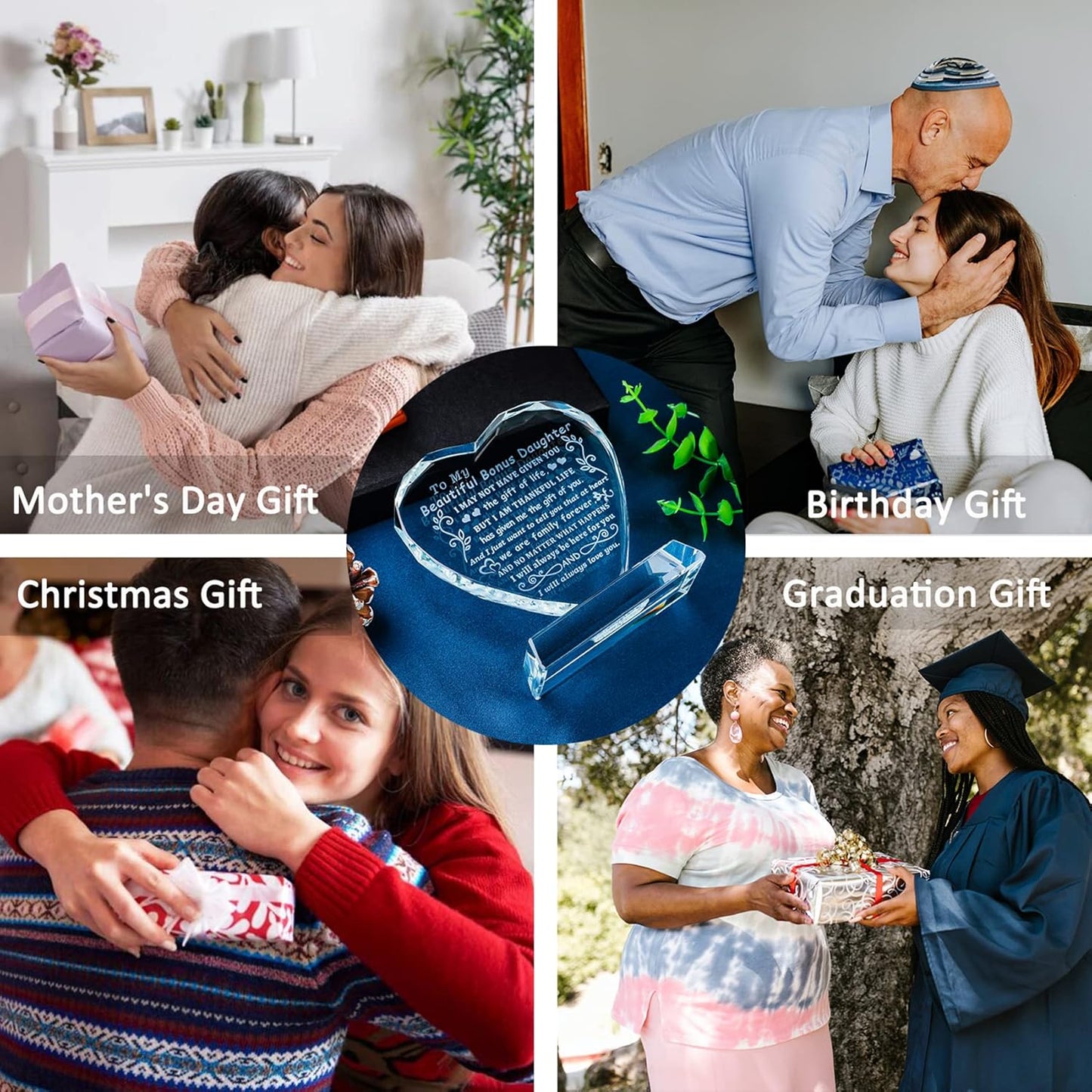 YWHL Bonus Daughter Gifts from Mom Dad, To My Bonus Daughter Heart Shaped Crystal Keepsake, Gifts for Stepdaughter from Stepmom Stepdad on Birthday Christmas Graduation