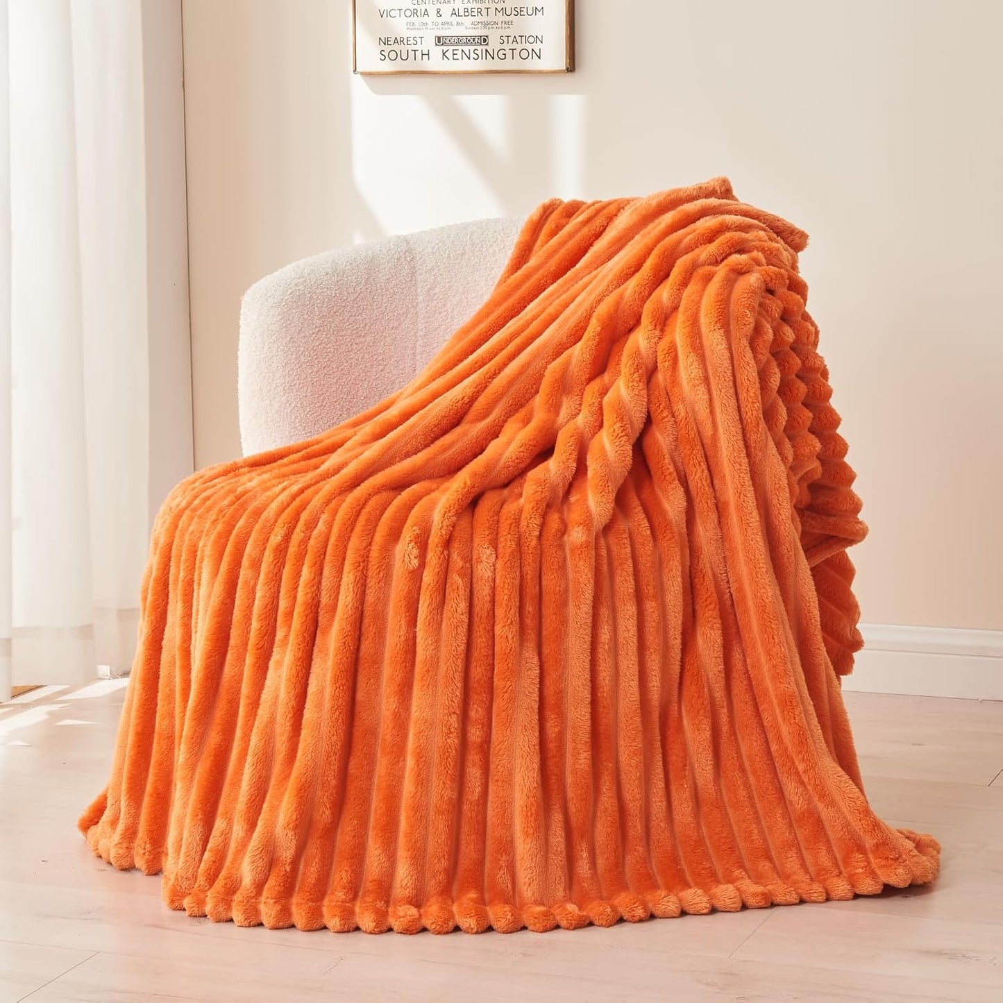 NEWCOSPLAY Super Soft Fall Twin Blanket Orange Premium Silky Flannel Fleece 3D Ribbed Jacquard Lightweight Bed Blanket All Season Use (Orange Ribbed, Twin(60"x80"))