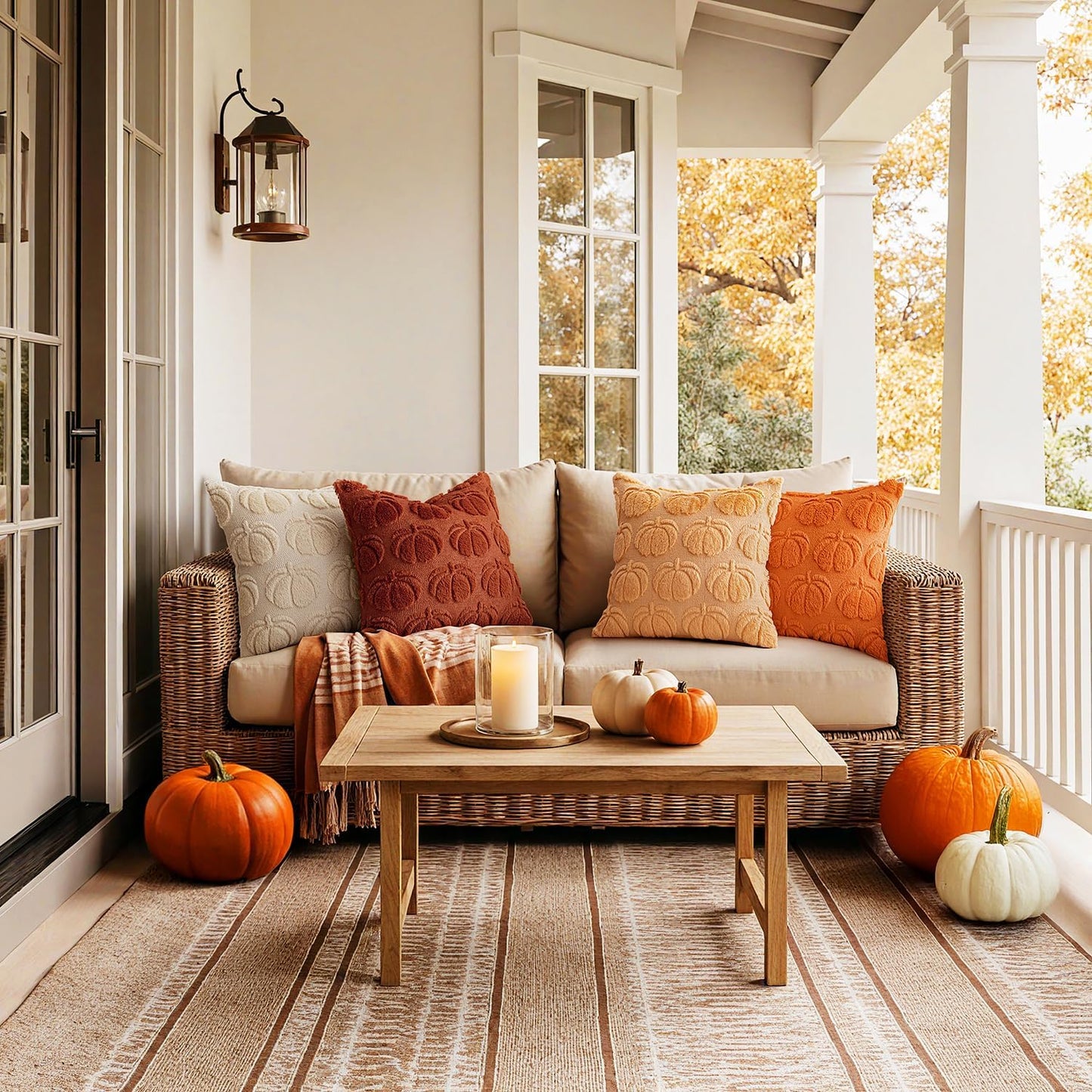 MIULEE Fall Pumpkin Pillow Covers 18x18 Inch Set of 4 - Soft Cozy Plush Decorative Pillows with Embroidered Pumpkin Pattern Autumn Halloween Holiday Decor for Sofa Couch Bed Living Room,Rust-Beige