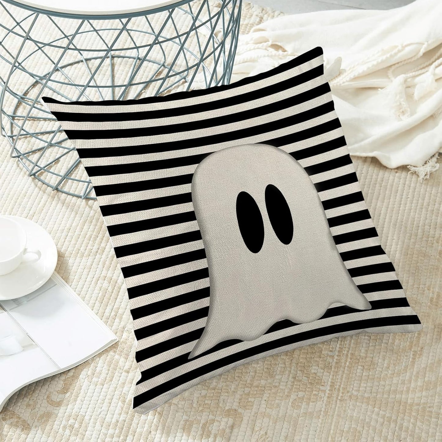 Halloween Pillow Covers 20x20 Set of 2 Cute Black Stripe Ghost Throw Pillow Covers Halloween Pillows Decorative Pillow Covers for Halloween Home Decoration Cushion Case for Couch Sofa Decor