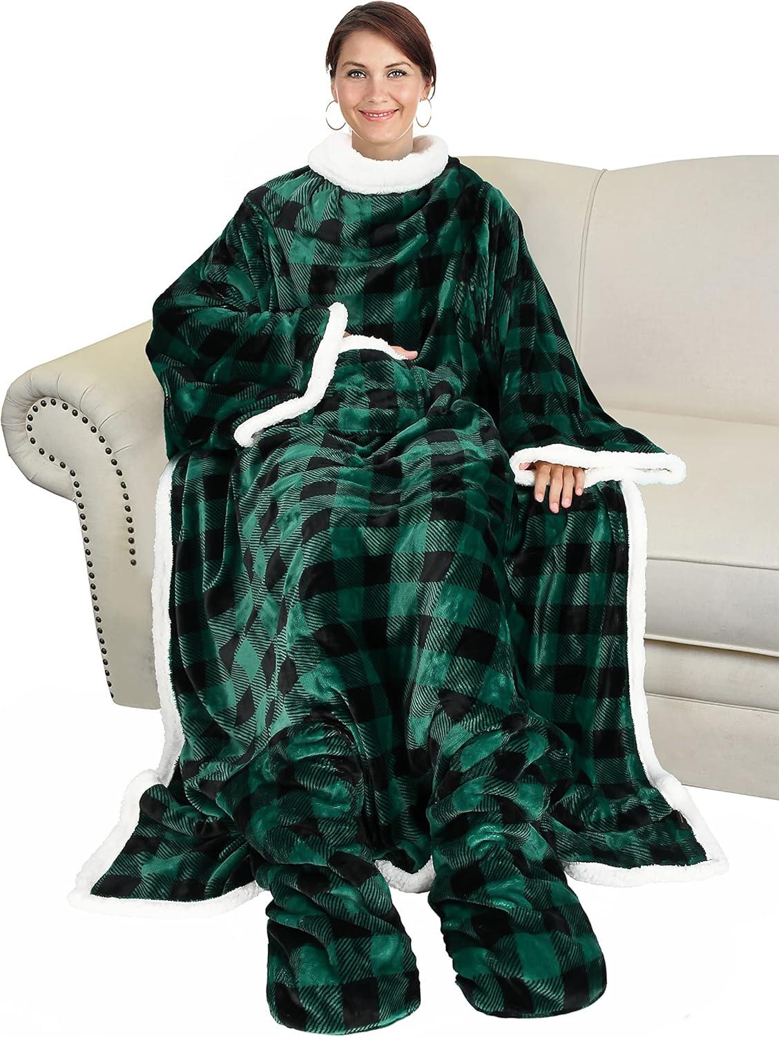 Catalonia Sherpa Wearable Blanket with Sleeves & Foot Pockets for Adult Women Men, Comfy Snuggle Wrap Sleeved Throw Blanket Robe, Plaid Green, St. Patrick Gift