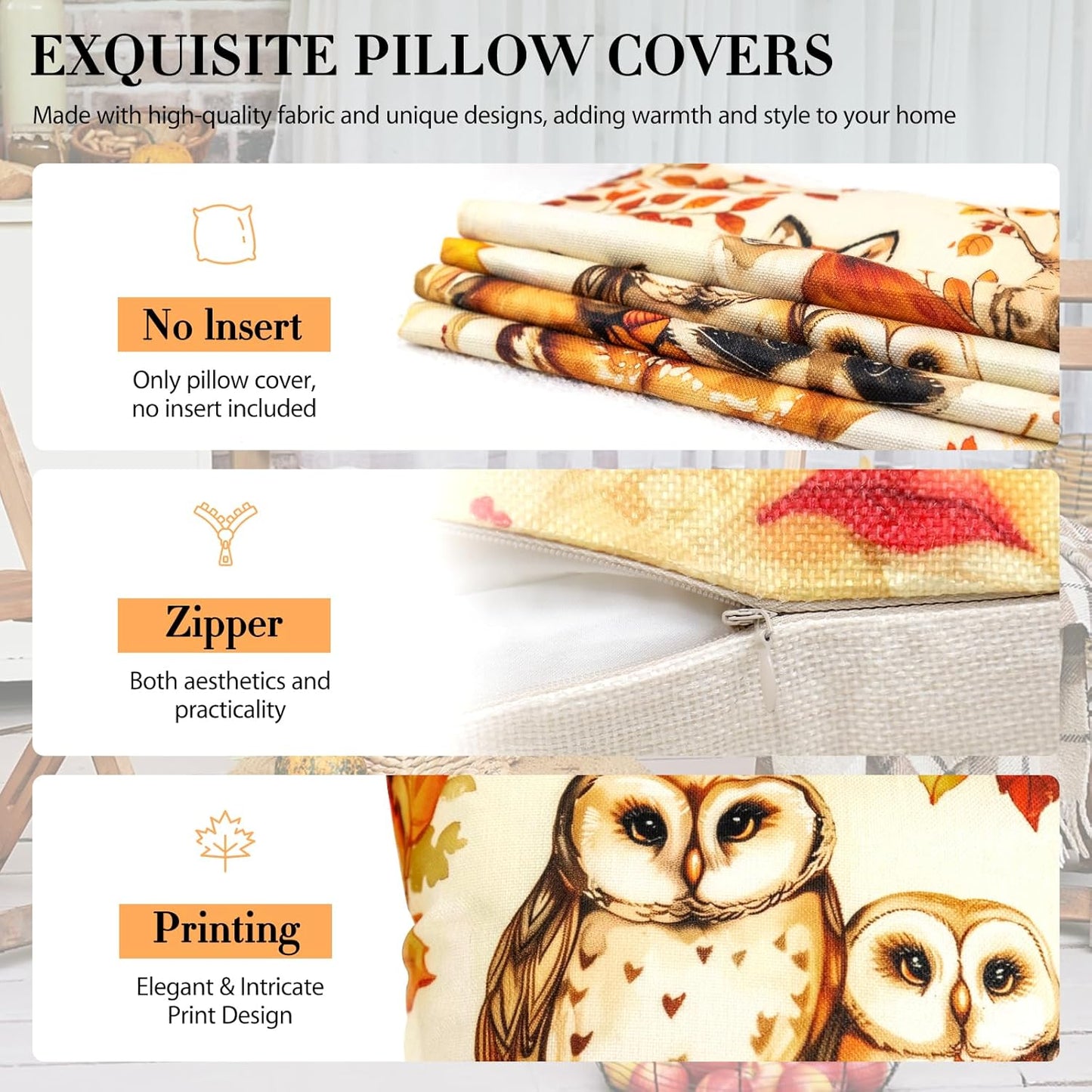 Animal Family Theme Fall Pillow Covers 18x18 Inch Set of 4, Burnt Orange Rust Decorative Autumn Thanksgiving Harvest Home Decor for Sofa Couch Living Room