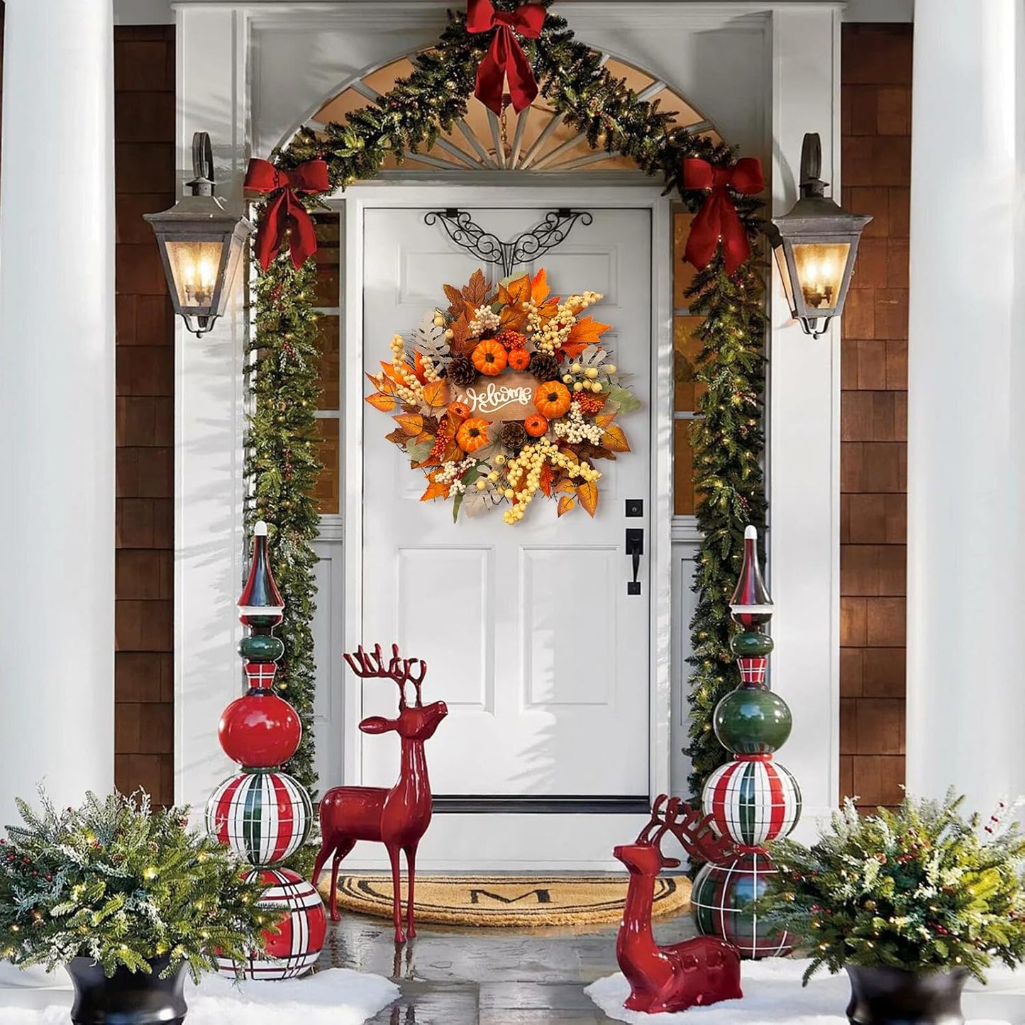 20 Inch Fall Wreaths for Front Door with Welcome Sign,Artificial Autumn Wreath with Sunflowers,Pumpkins,Berries and Leaves for Thanksgiving Harvest Farmhouse Home Decor Indoor Outdoor
