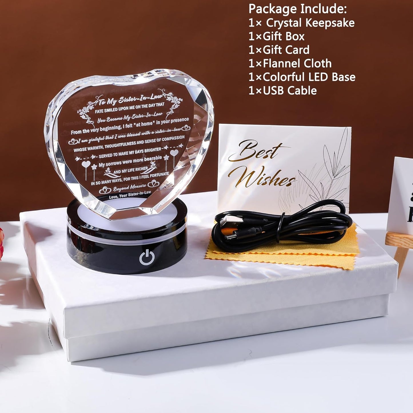 YWHL Sister in Law Birthday Gifts with Colorful LED Base Unique Heart Crystal Keepsake for Unbiological Bonus Sister Wedding Thanksgiving Gift Ideas