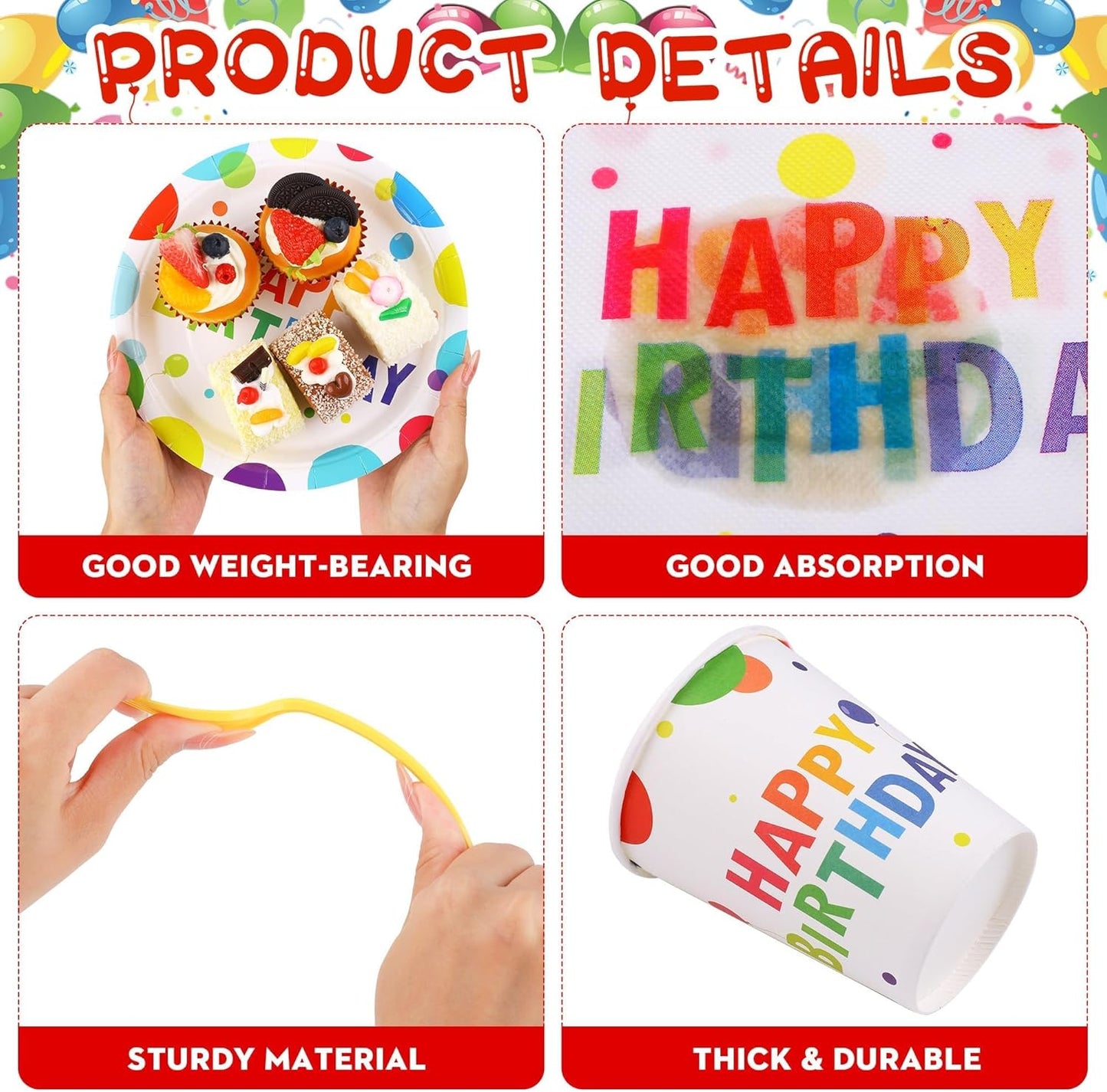 400 Pieces Happy Birthday Party Decorations Including Disposable Paper Plates Cups Napkins Tableware Sets Serves 50 for Birthday Party Supplies