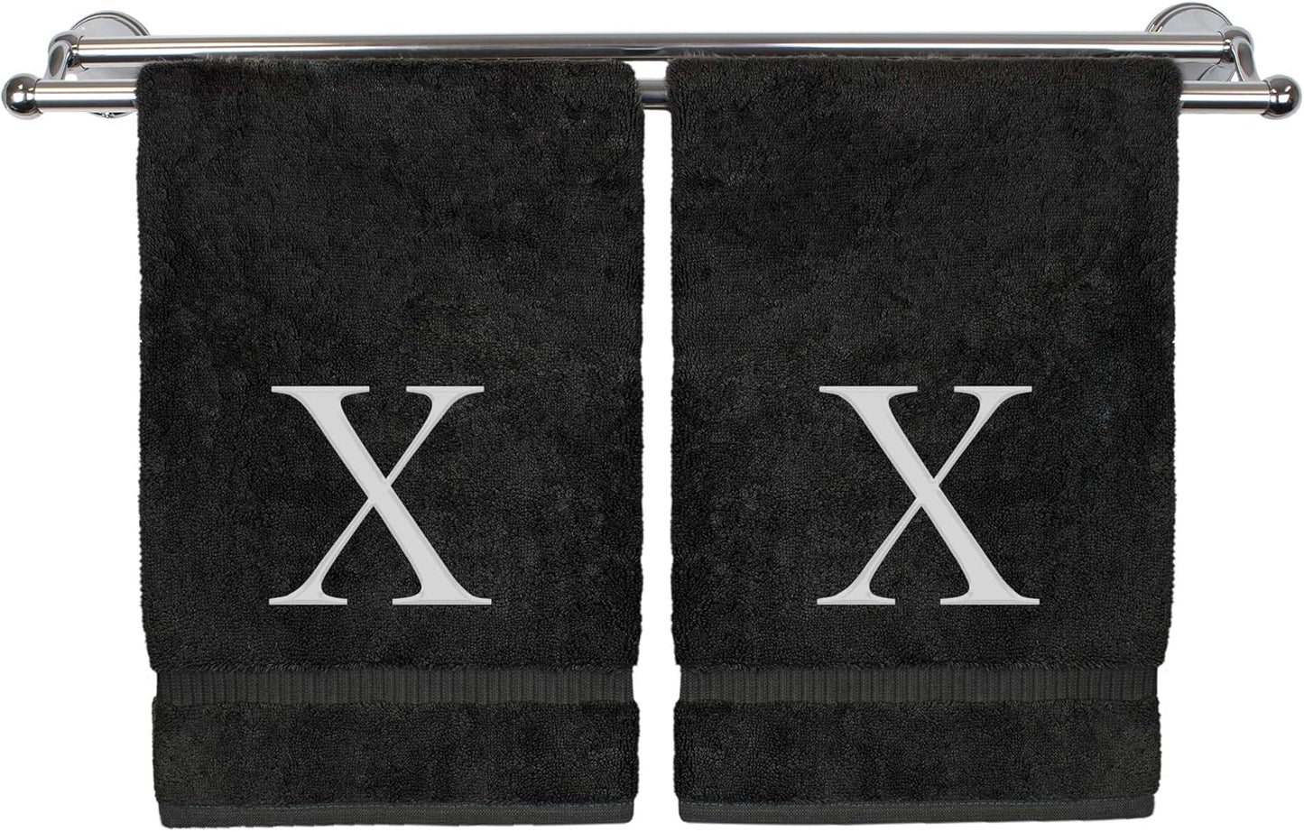 Monogrammed Hand Towel, Personalized Gift, Set of 2- White Block Letter Embroidered Towel - Extra Absorbent 100% Turkish Cotton - Soft Terry Finish - Initial X Black
