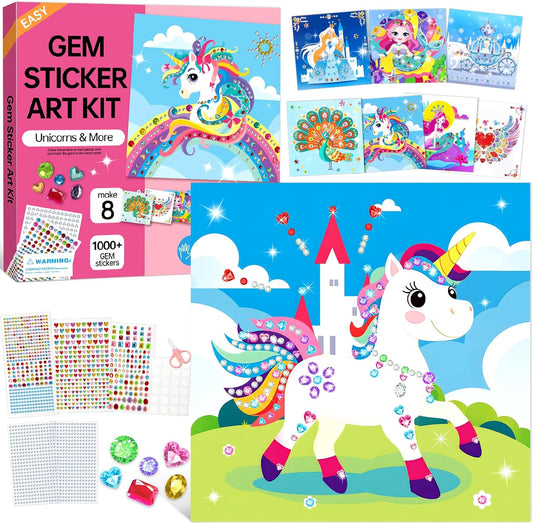 Gem Art Sticker Kit, Arts and Crafts for Kids Age 4-12, 8 Unicorn Princess Themes Diamond Art Kit, Gemstone Sticker Crafts Christmas Birthday Gifts for Girls Ages 4,5,6,7,8 Year Old (Pink-Unicorn)