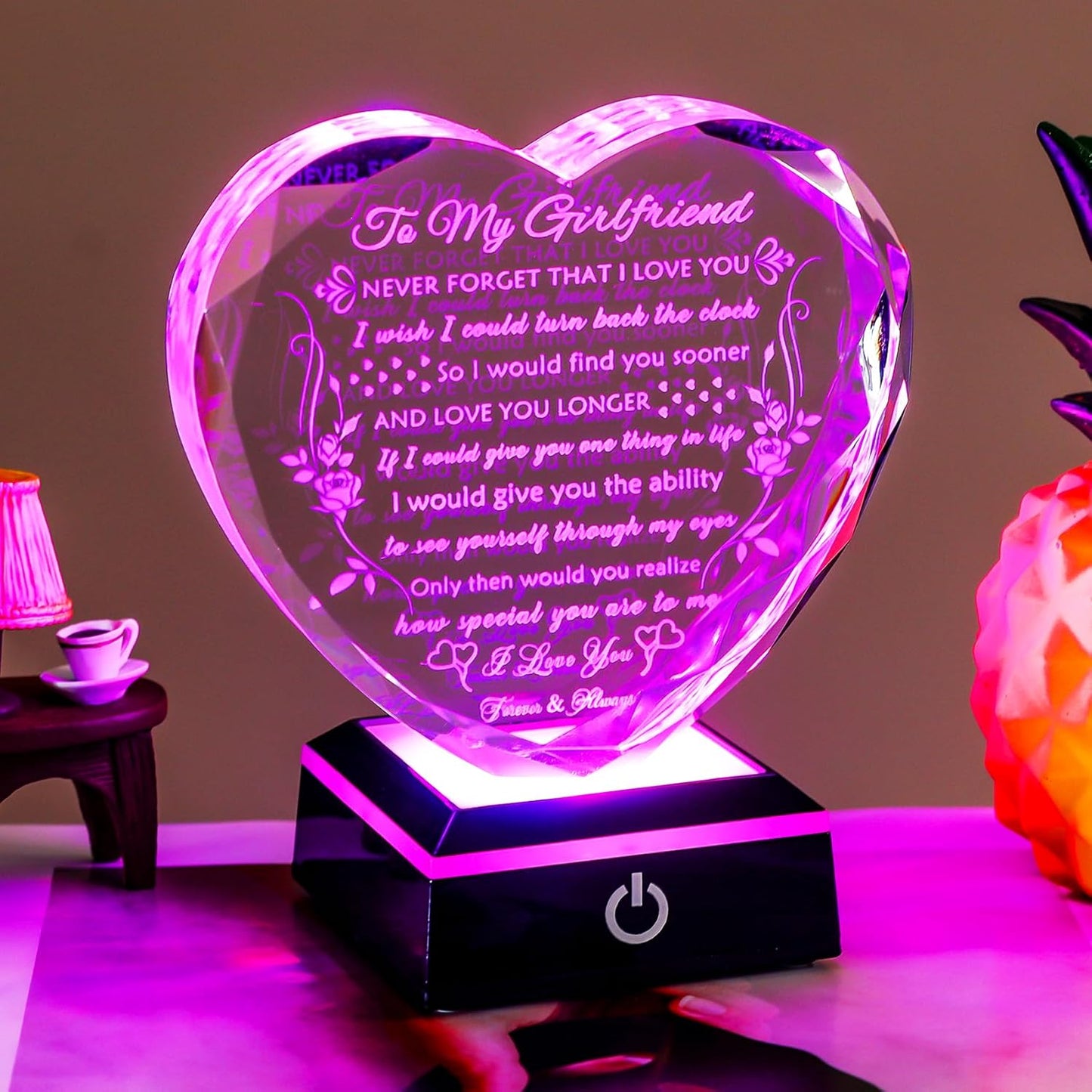 YWHL Gifts for Girlfriend with Colorful LED Base, Anniversary Birthday Gifts for Girlfriend from Boyfriend, Romantic Crystal Heart Keepsake Present for Her on Valentine Christmas
