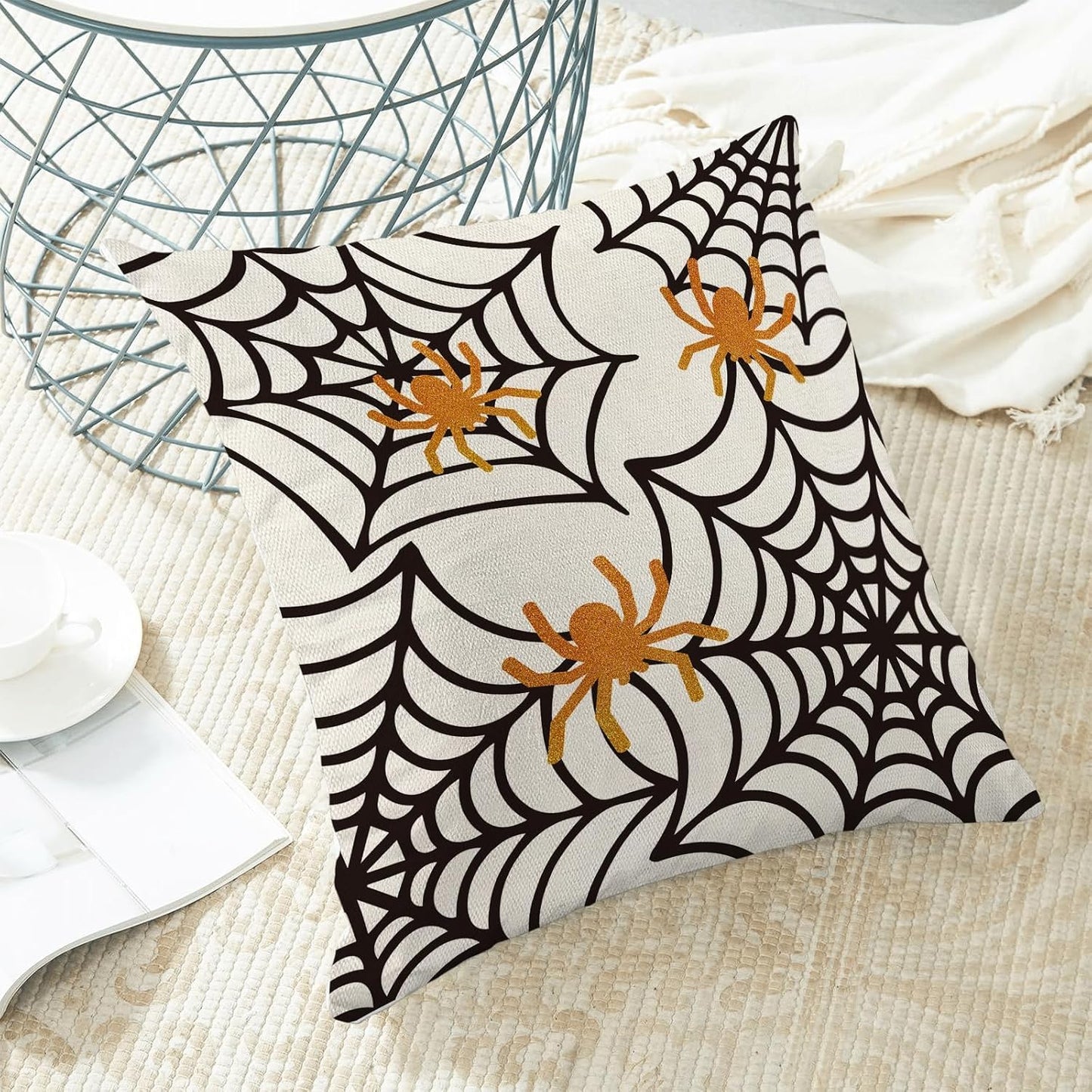 Spider Web Throw Pillow Covers 16x16 inch Set of 2 Halloween Decorative Farmhouse Pillow Covers Outdoor Spider Decor Cushion Case for Home Office Halloween Sofa Bed Decoration
